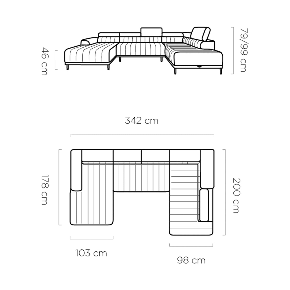 Coltar extensibil CALDO XL, personalizabil, cu lada depozitare si tetiere reglabile, 342x200x99 cm