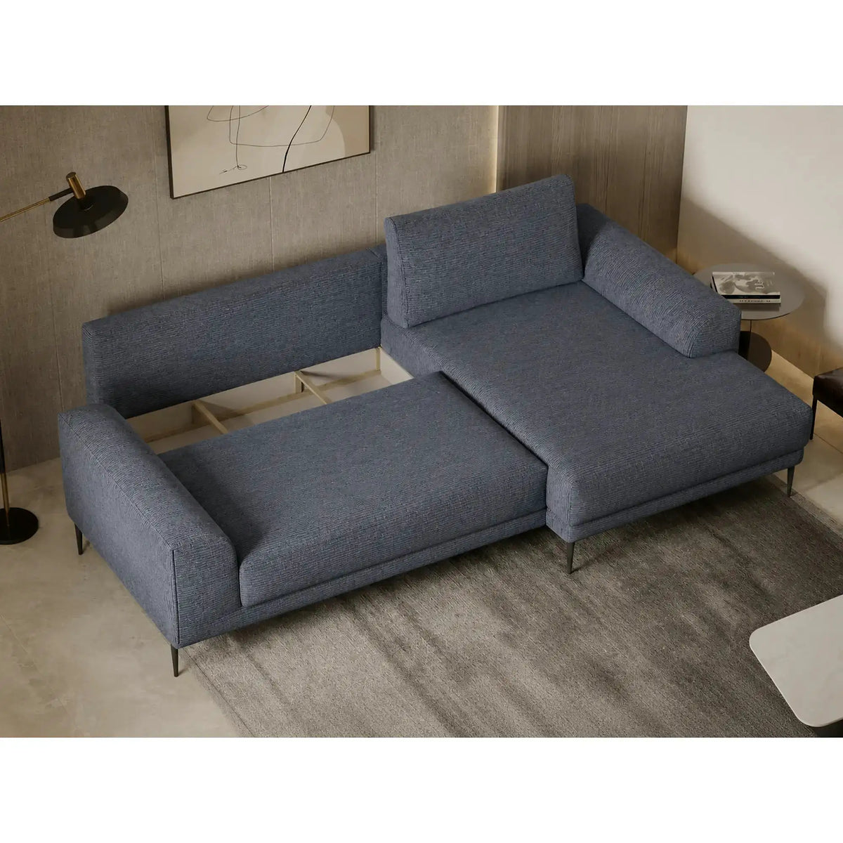 Coltar extensibil CAPITOL, sezlong dreapta, stofa catifelata gri inchis - Whisper 15, cu lada depozitare, 276x175x89 cm