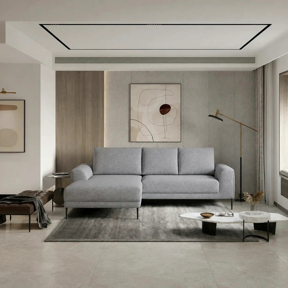 Coltar extensibil CAPITOL, sezlong stanga, stofa catifelata gri - Whisper 17, cu lada depozitare, 276x175x89 cm