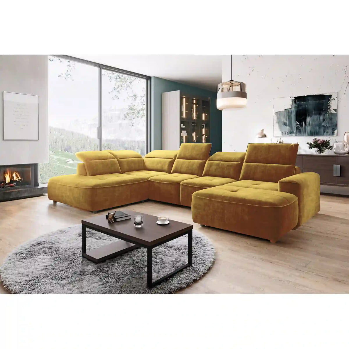 Coltar extensibil COLOMBO XL, sezlong stanga, stofa clasica galben mustar - Austin 11, cu sistem electric de ajustare a adancimii, tetiere, spatar si sezut reglabile, lada depozitare, 376x227x103 cm