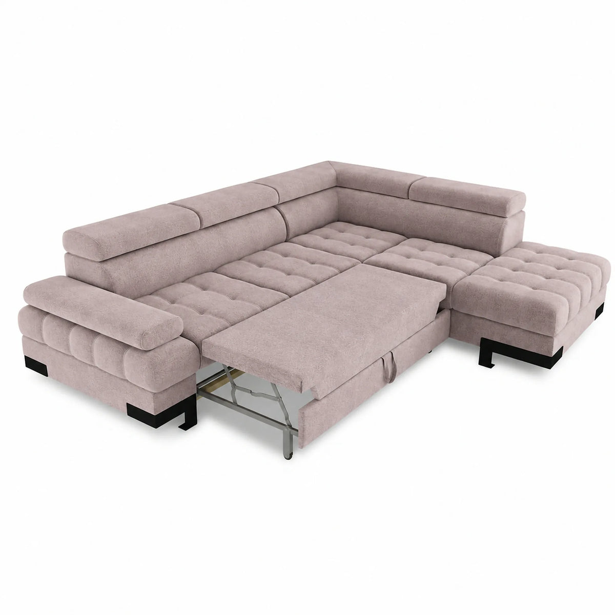 Coltar extensibil cu lada SELVA L, sezlong dreapta, stofa catifelata bej - Whisper 03, tetiere reglabile, 263x223x95 cm