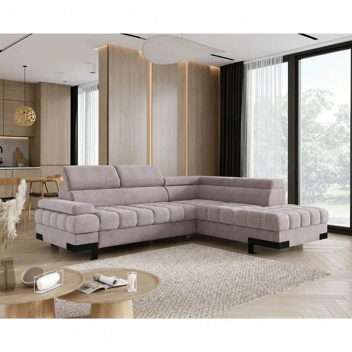 Coltar extensibil cu lada SELVA L, sezlong dreapta, stofa catifelata bej - Whisper 03, tetiere reglabile, 263x223x95 cm