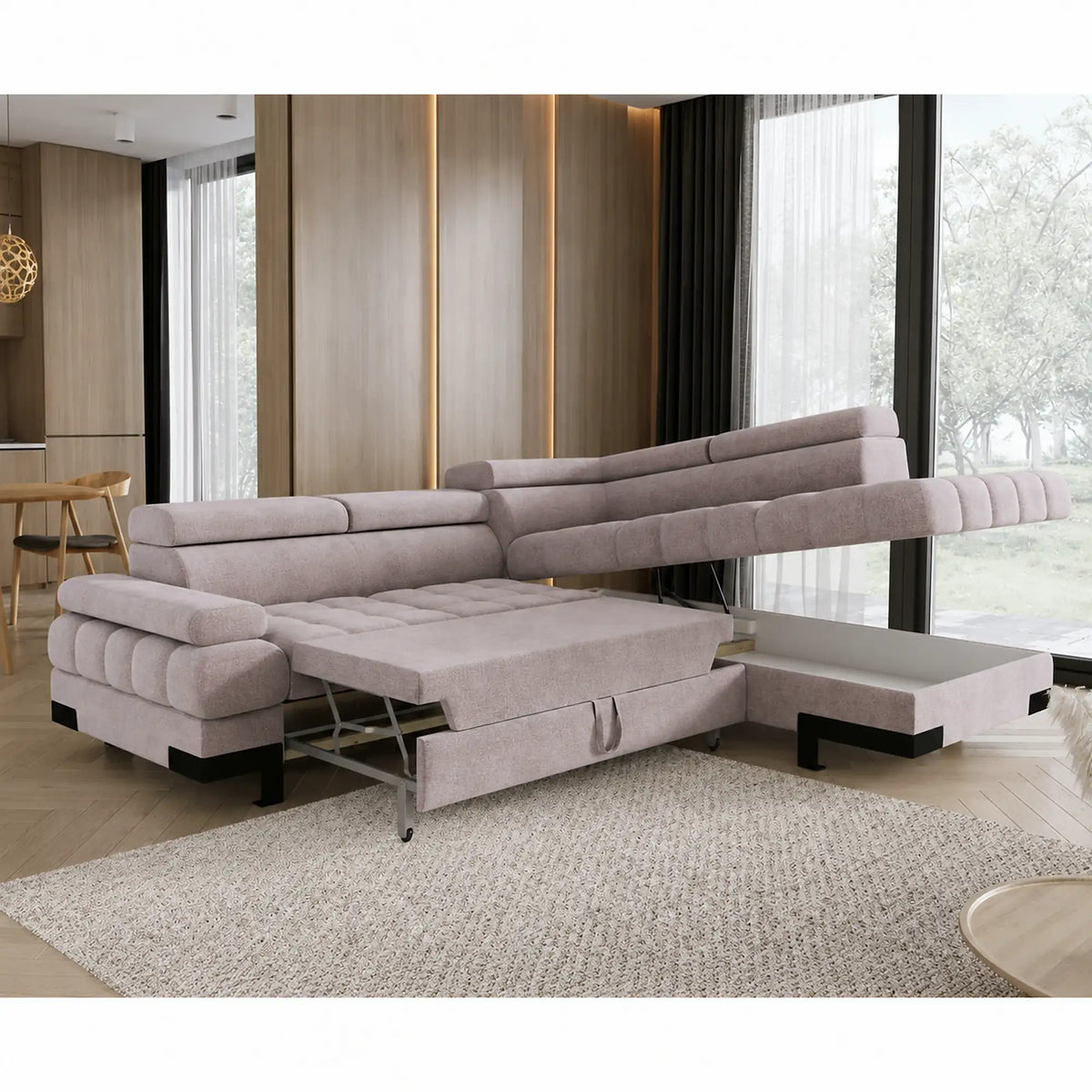 Coltar extensibil cu lada SELVA L, sezlong dreapta, stofa catifelata bej - Whisper 03, tetiere reglabile, 263x223x95 cm