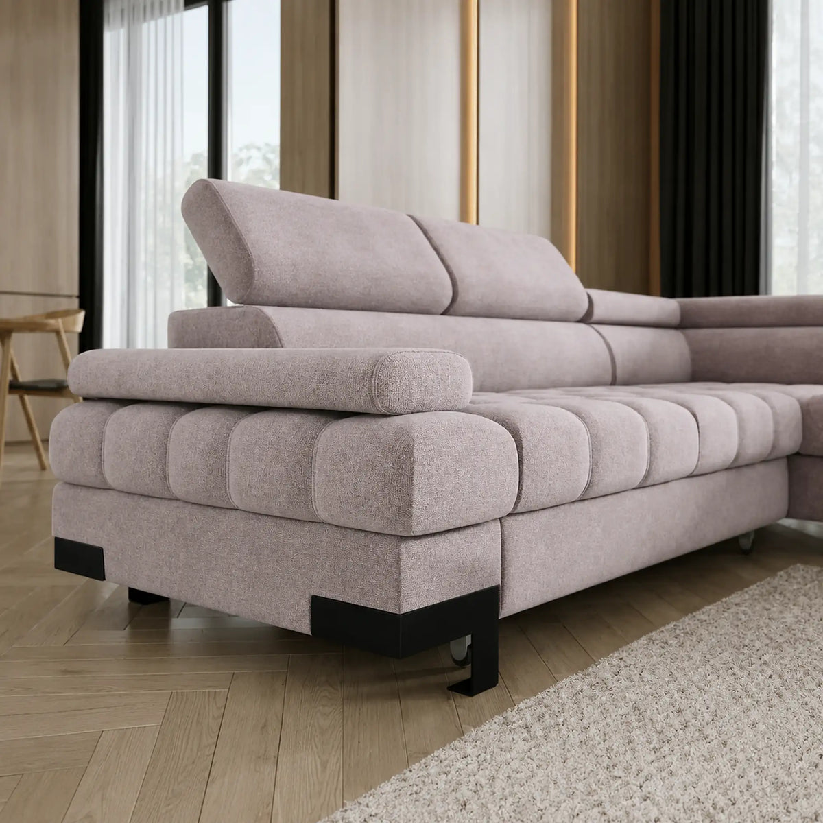 Coltar extensibil cu lada SELVA L, sezlong dreapta, stofa catifelata bej - Whisper 03, tetiere reglabile, 263x223x95 cm