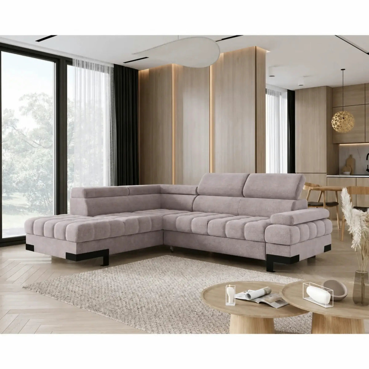 Coltar extensibil cu lada SELVA L, sezlong stanga, stofa catifelata bej - Whisper 03, tetiere reglabile, 263x223x95 cm