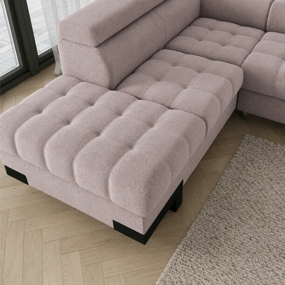 Coltar extensibil cu lada SELVA L, sezlong stanga, stofa catifelata bej - Whisper 03, tetiere reglabile, 263x223x95 cm