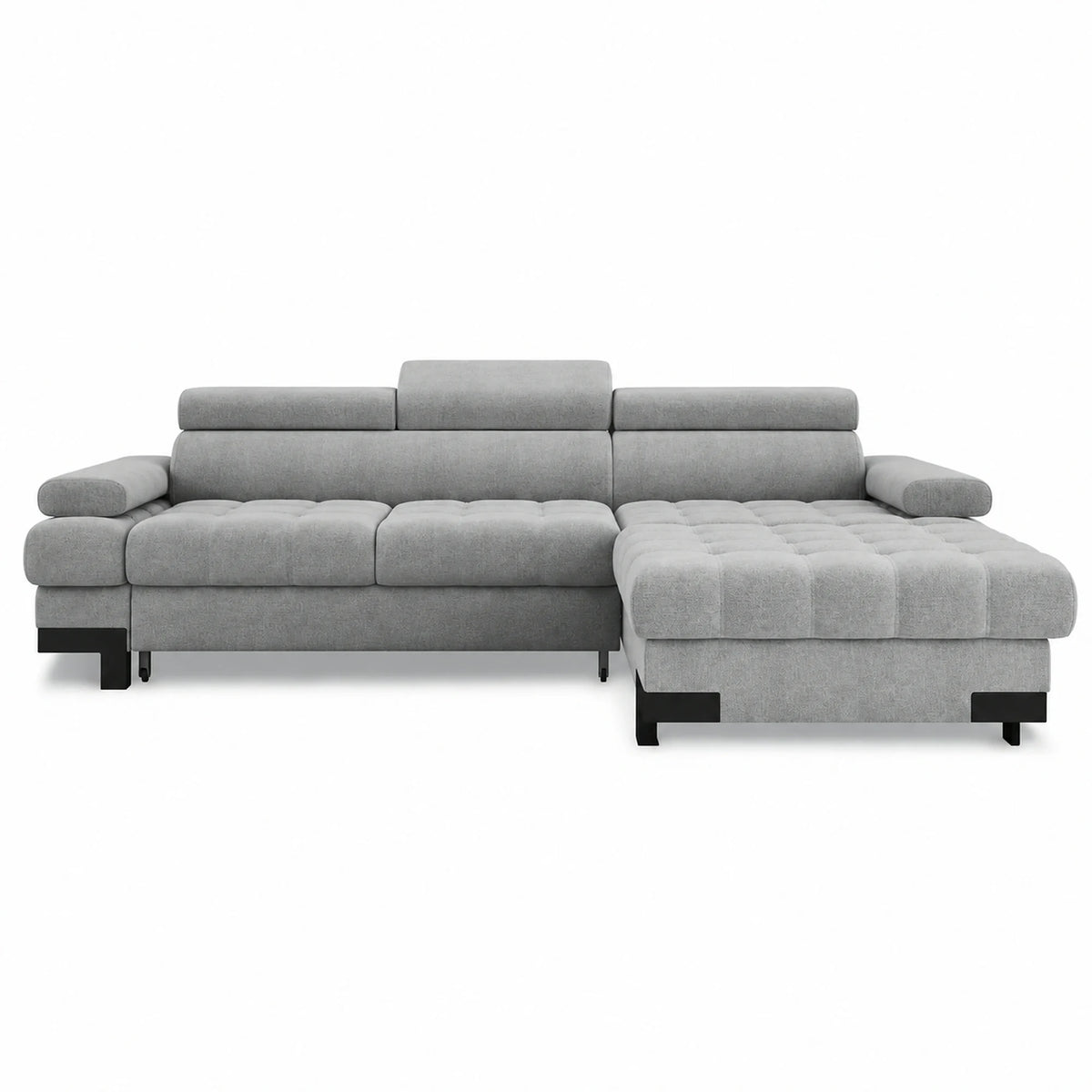 Coltar extensibil cu lada SELVA MINI, sezlong dreapta, stofa catifelata gri - Palladium 15, tetiere reglabile, 270x173x95 cm