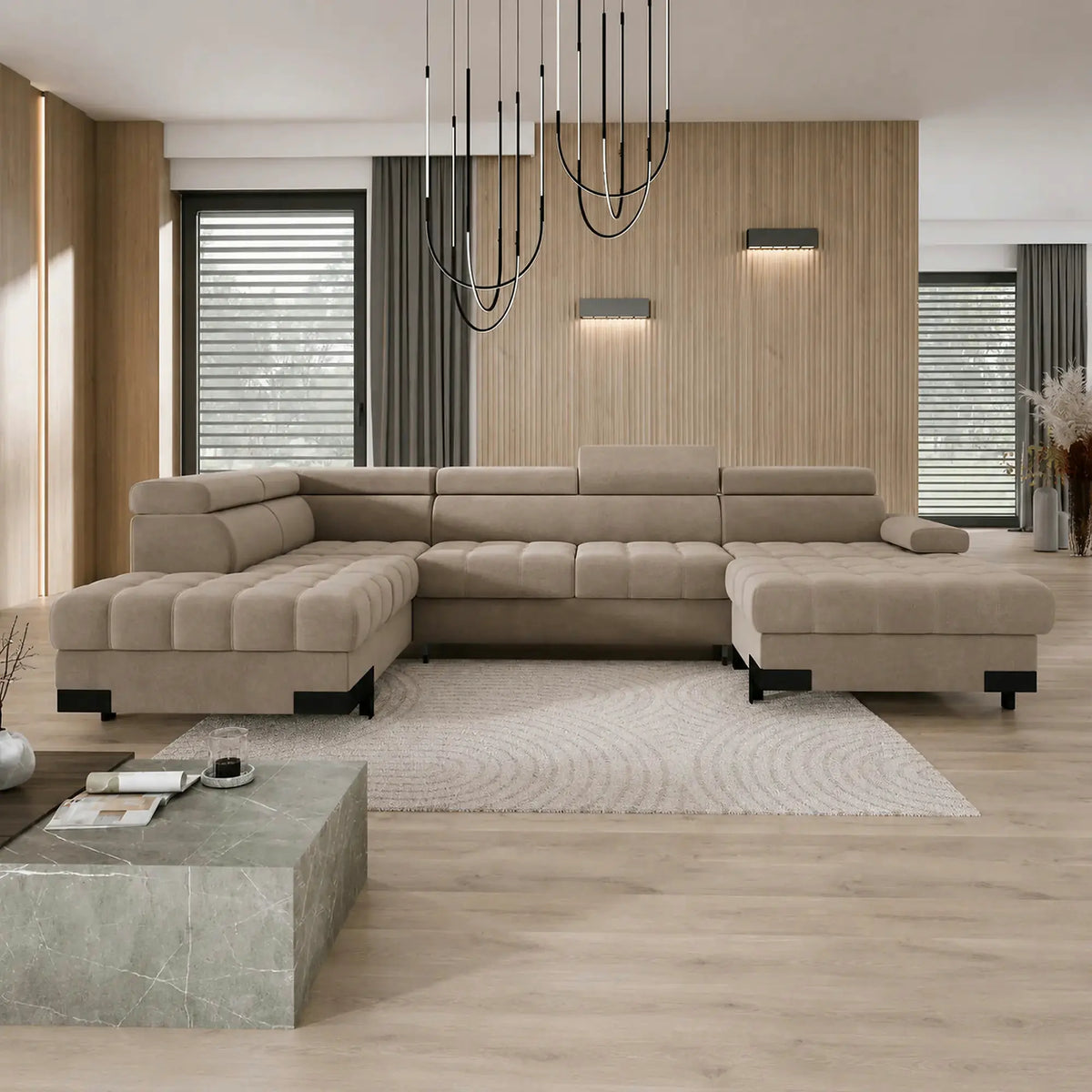 Coltar extensibil cu lada SELVA XL, sezlong stanga, stofa catifelata bej - Riviera 16, tetiere reglabile, 339x223x95 cm