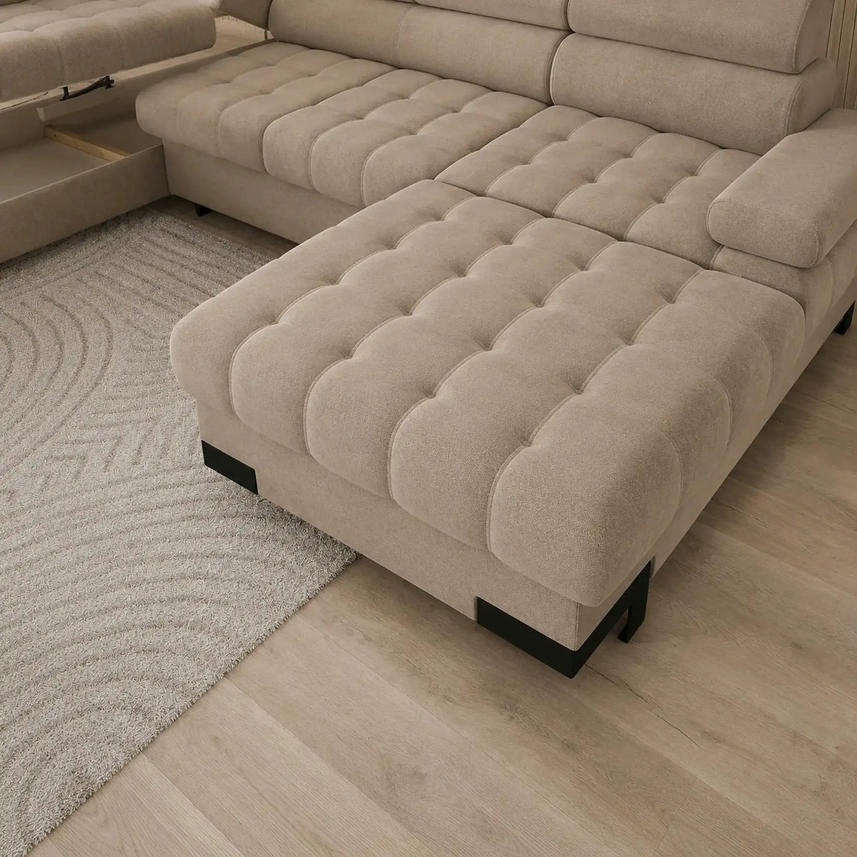 Coltar extensibil cu lada SELVA XL, sezlong stanga, stofa catifelata bej - Riviera 16, tetiere reglabile, 339x223x95 cm