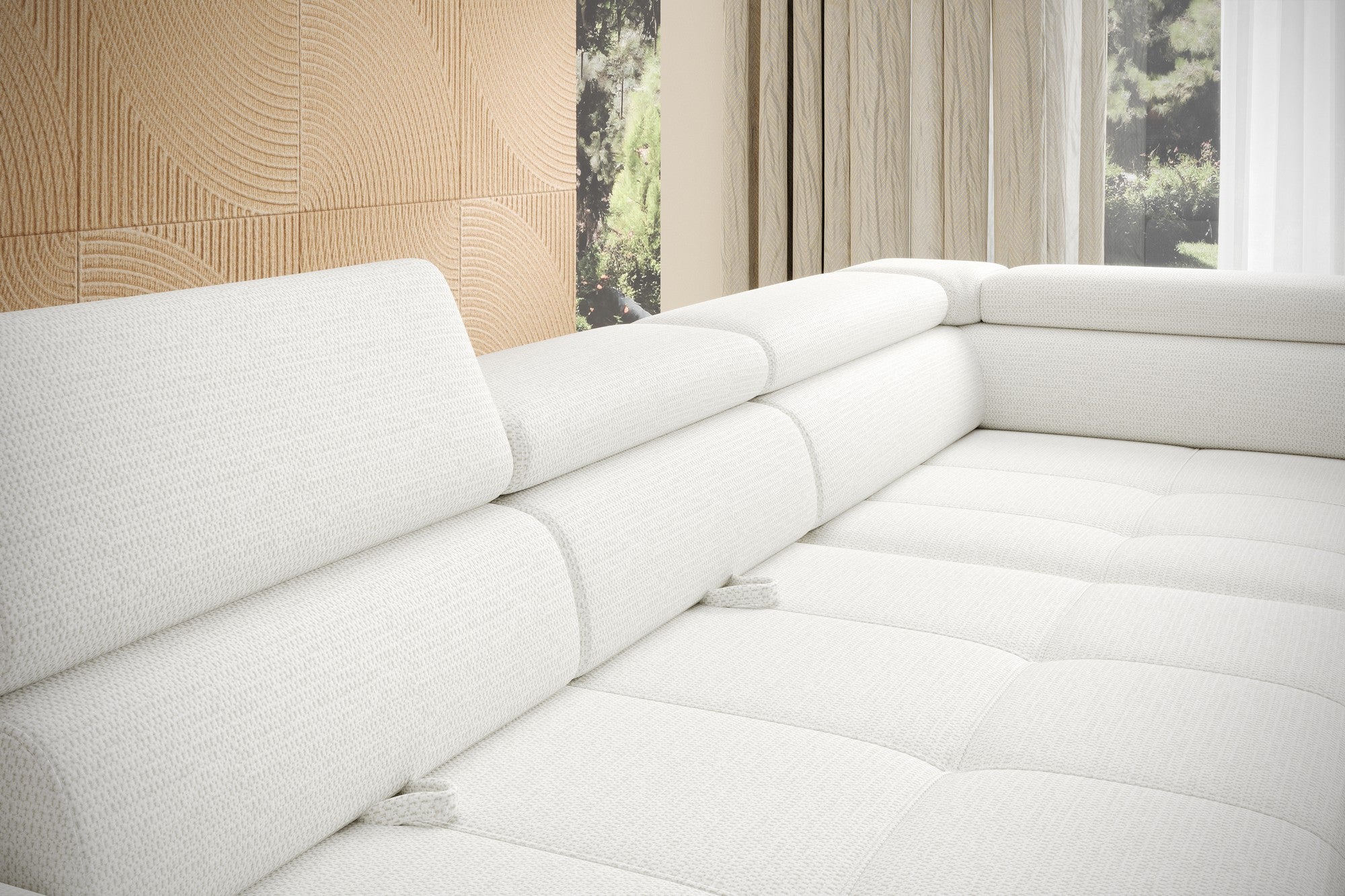 Coltar extensibil EMPOLI L, personalizabil materiale gama Oferta Avantaj, cu lada depozitare si tetiere reglabile, 289x218x94 cm