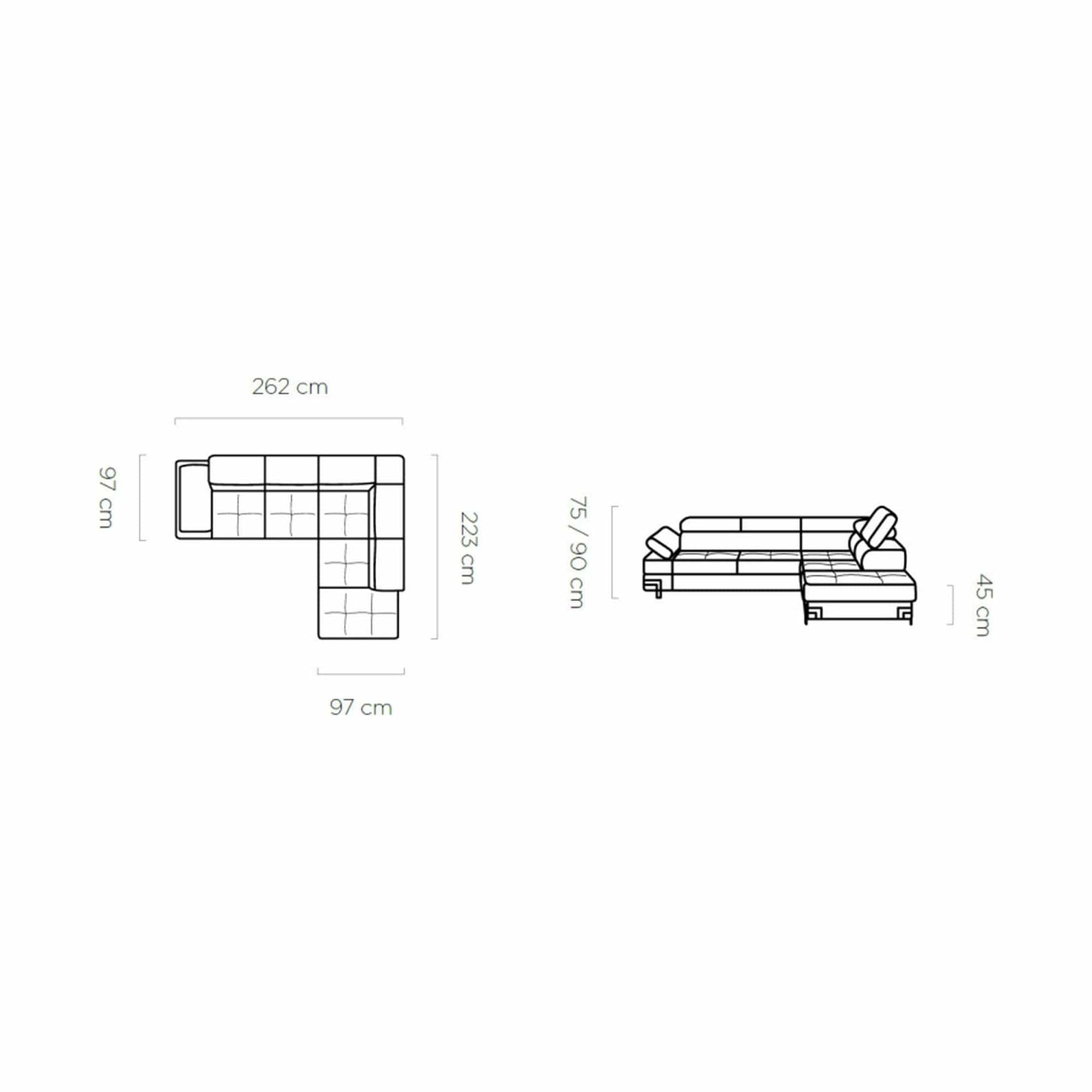 Coltar extensibil EMPORIO L, personalizabil materiale gama Oferta Avantaj, cu lada depozitare si tetiere reglabile, 262x223x90 cm