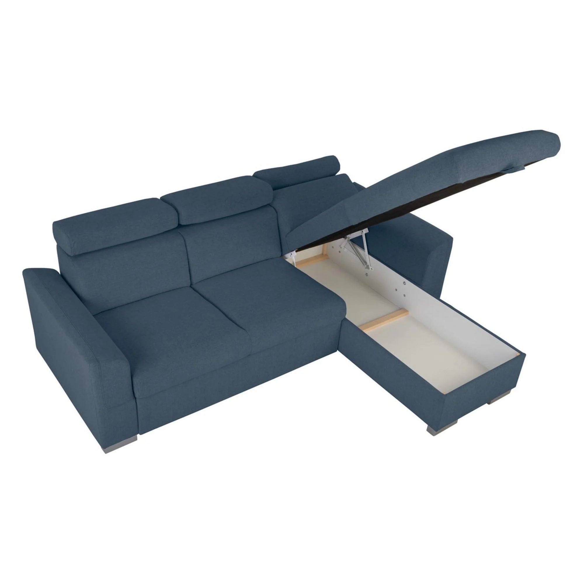 Coltar extensibil EVIA, universal, stofa clasica albastru - Sorella 77, cu lada depozitare, 243x186x98 cm