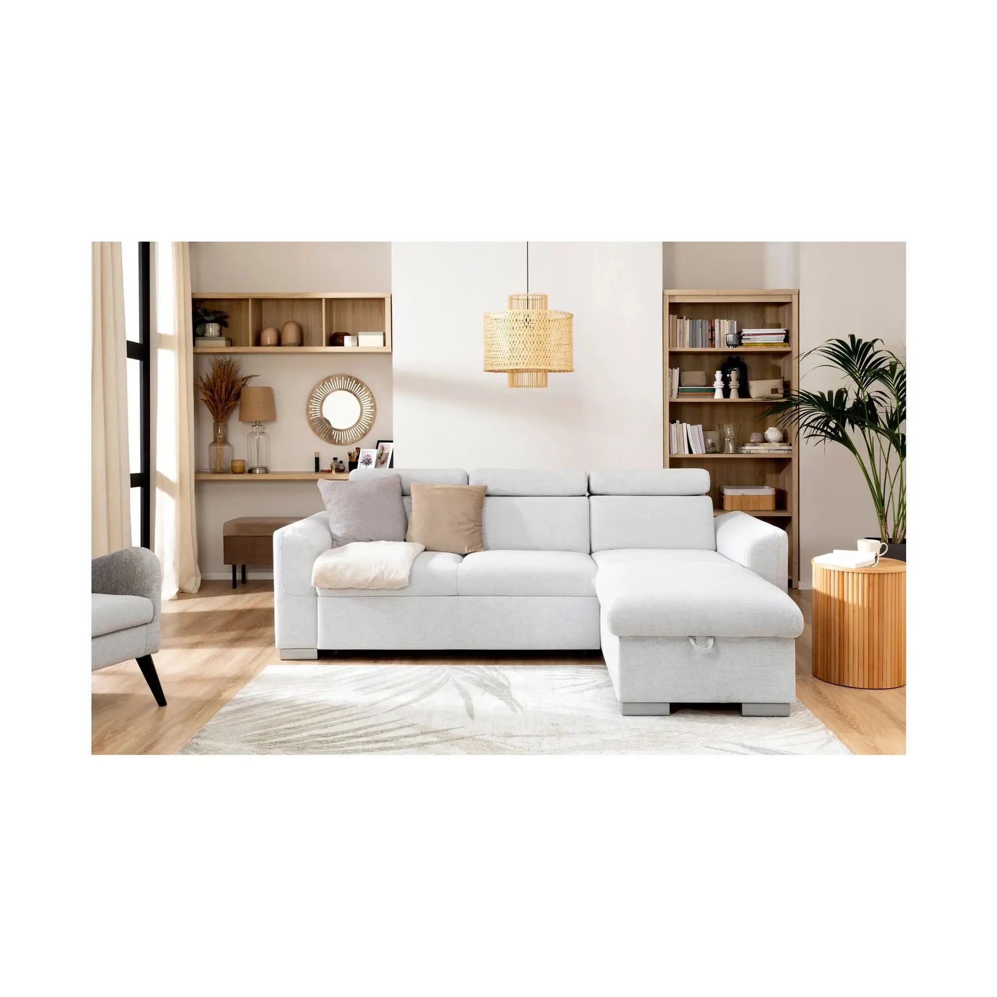 Coltar extensibil EVIA, universal, stofa clasica gri deschis - Sorella 01, cu lada depozitare, 243x186x98 cm