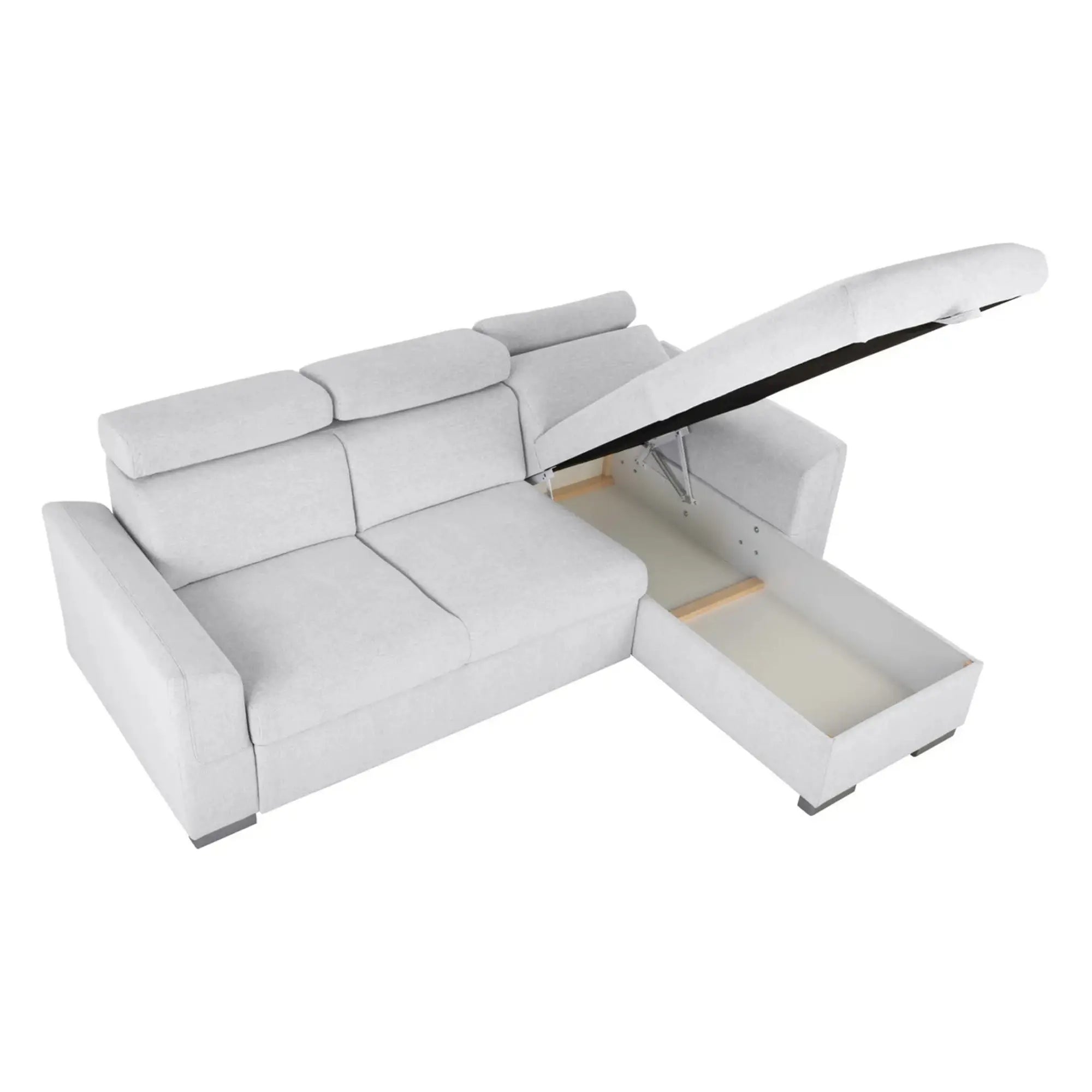 Coltar extensibil EVIA, universal, stofa clasica gri deschis - Sorella 01, cu lada depozitare, 243x186x98 cm