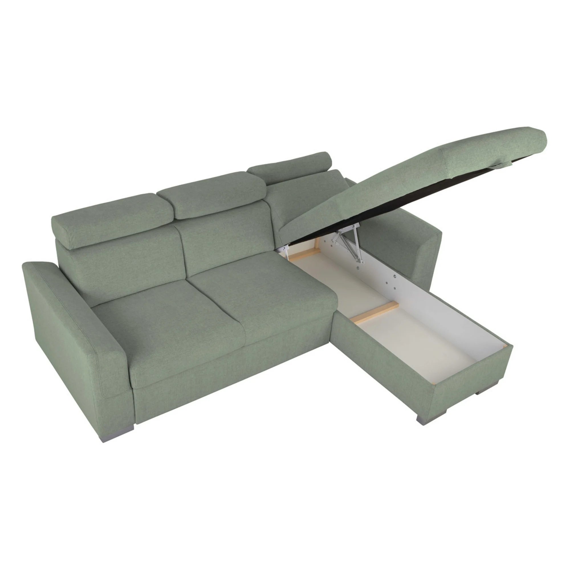 Coltar extensibil EVIA, universal, stofa clasica verde - Sorella 34, cu lada depozitare, 243x186x98 cm