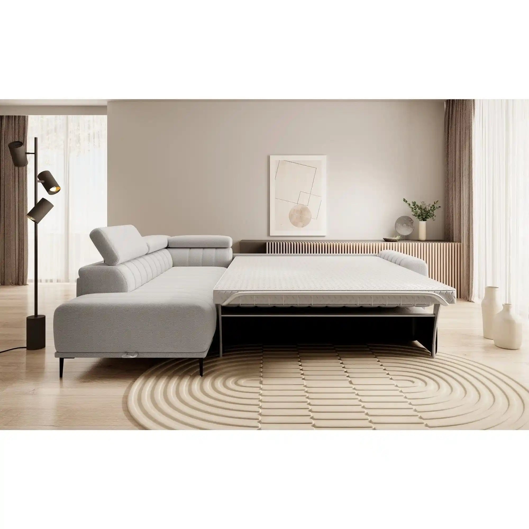 Coltar extensibil GANDI 140, personalizabil material gama Oferta Avantaj, cu lada depozitare si tetiere reglabile, 281x204x99 cm