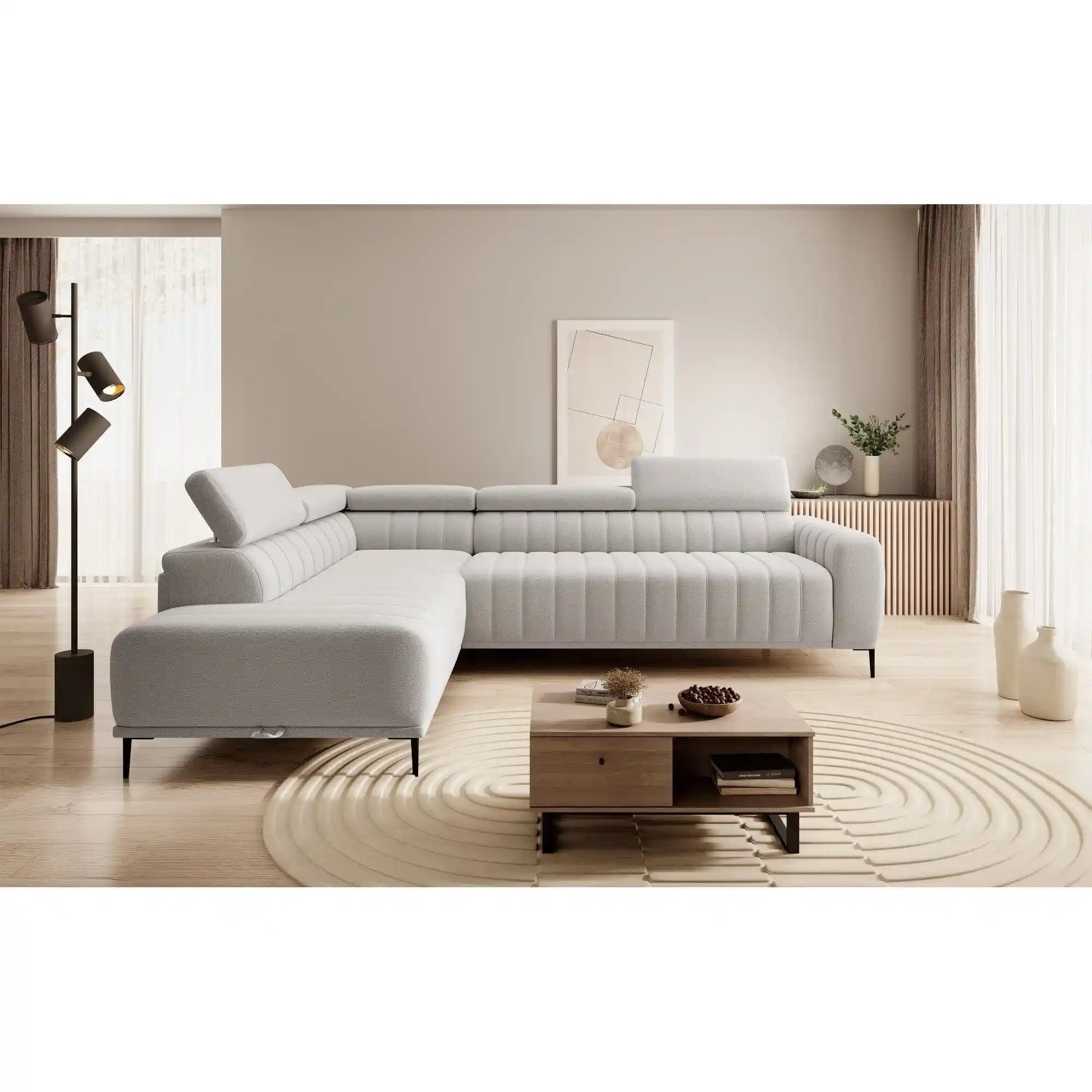 Coltar extensibil GANDI 140, personalizabil material gama Premium, cu lada depozitare si tetiere reglabile, 281x204x99 cm