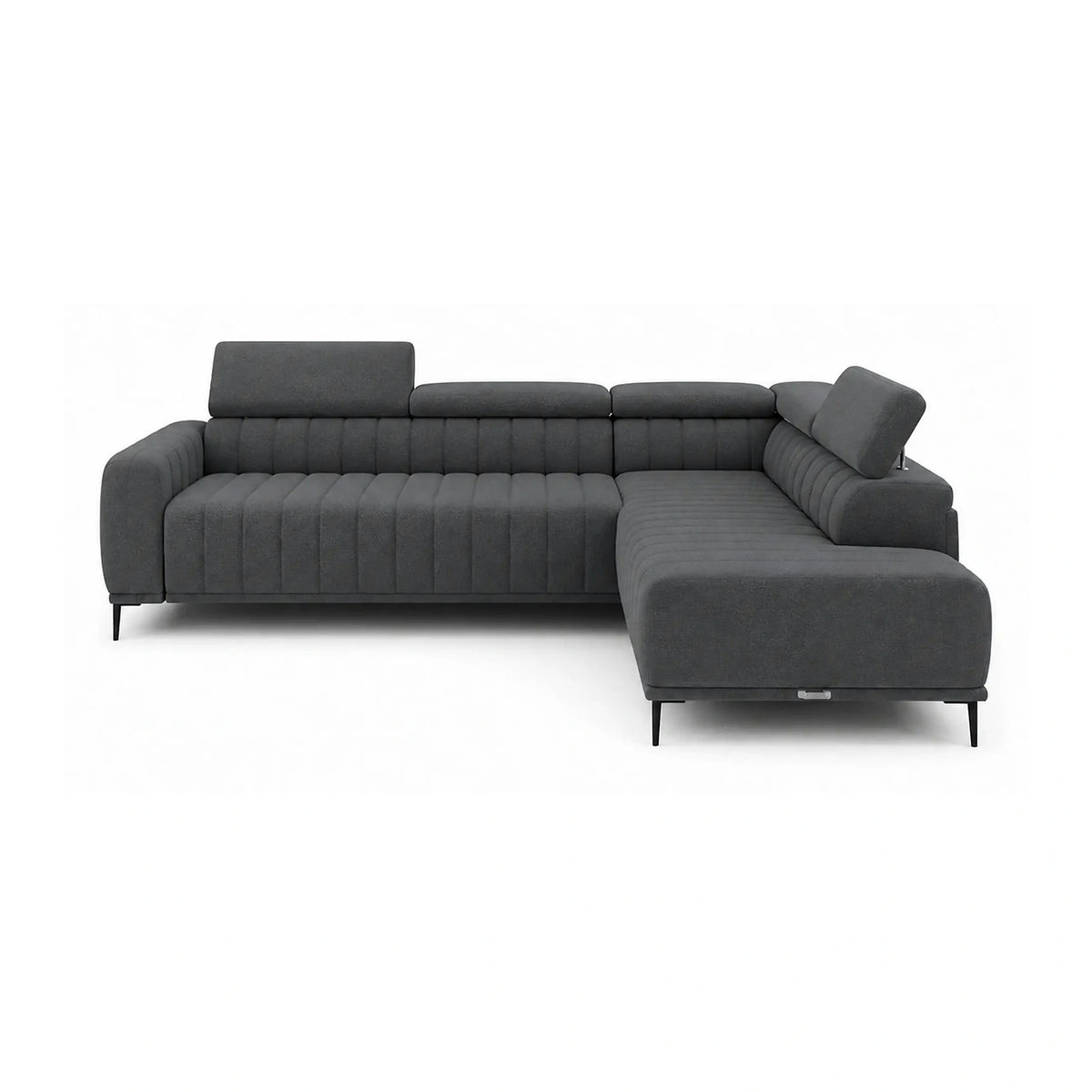 Coltar extensibil GANDI 140, sezlong dreapta, stofa catifelata gri grafit - Solar 96, cu lada depozitare si tetiere reglabile, 281x204x99 cm