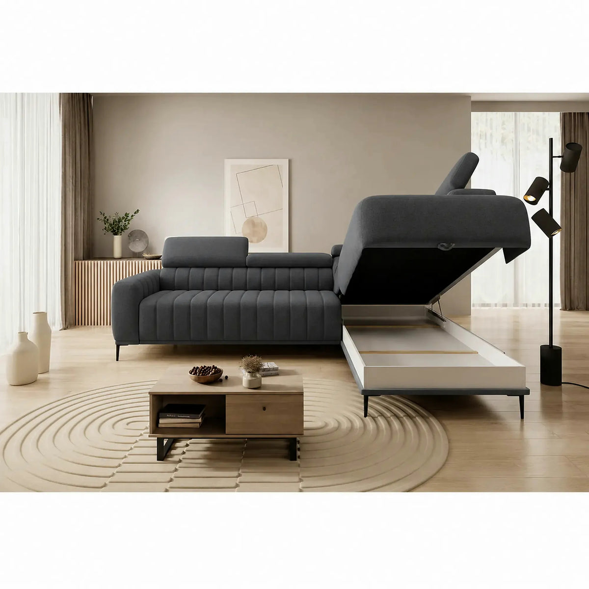 Coltar extensibil GANDI 140, sezlong dreapta, stofa catifelata gri grafit - Solar 96, cu lada depozitare si tetiere reglabile, 281x204x99 cm