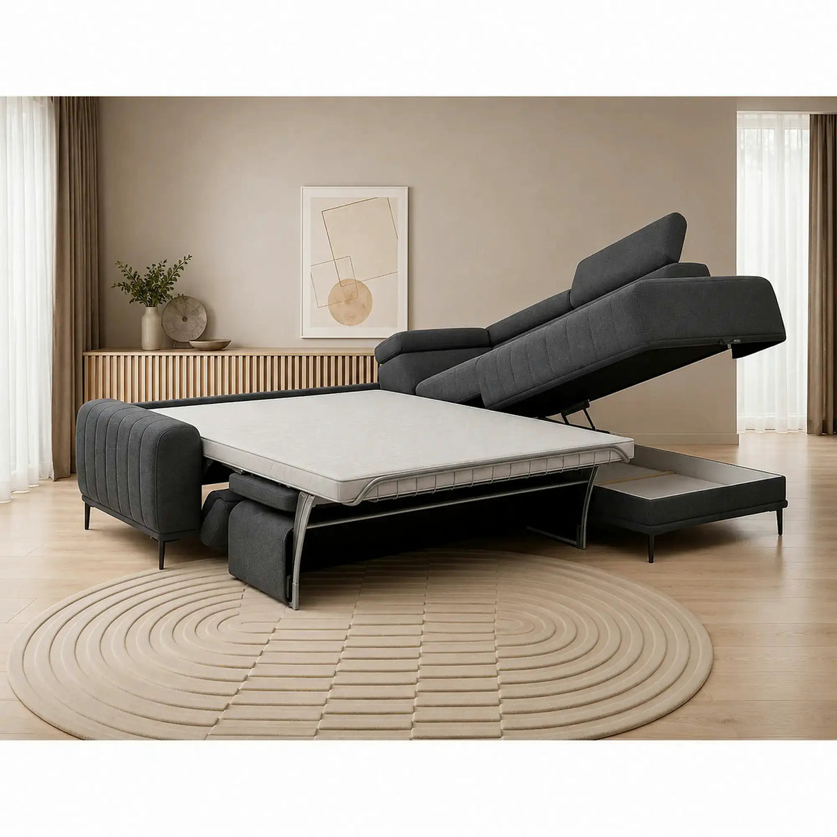 Coltar extensibil GANDI 140, sezlong dreapta, stofa catifelata gri grafit - Solar 96, cu lada depozitare si tetiere reglabile, 281x204x99 cm