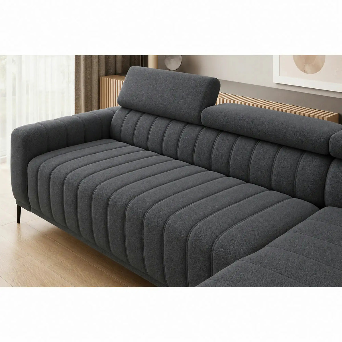 Coltar extensibil GANDI 140, sezlong dreapta, stofa catifelata gri grafit - Solar 96, cu lada depozitare si tetiere reglabile, 281x204x99 cm