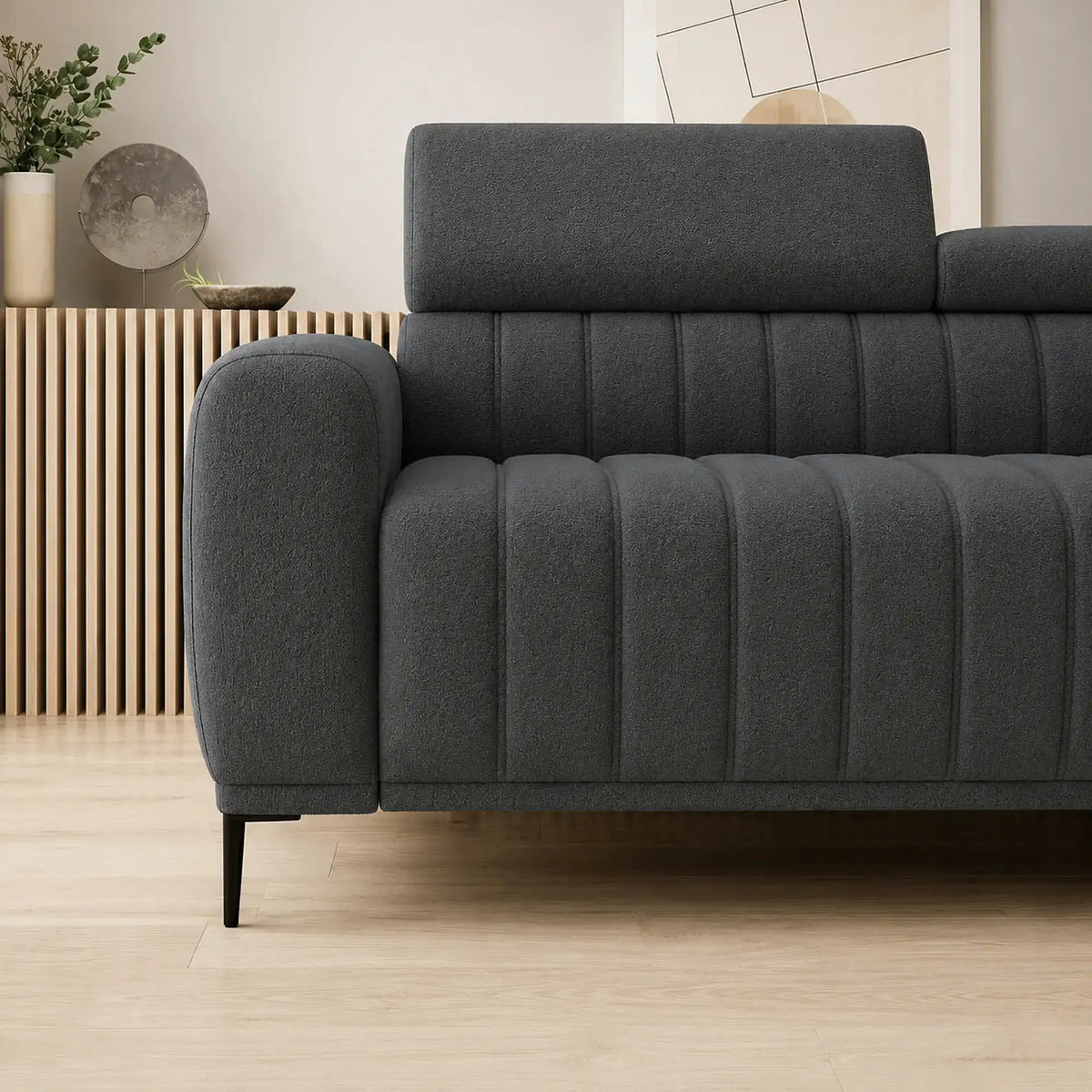 Coltar extensibil GANDI 140, sezlong dreapta, stofa catifelata gri grafit - Solar 96, cu lada depozitare si tetiere reglabile, 281x204x99 cm