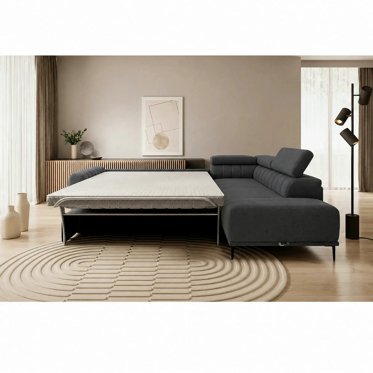 Coltar extensibil GANDI 140, sezlong dreapta, stofa catifelata gri grafit - Solar 96, cu lada depozitare si tetiere reglabile, 281x204x99 cm