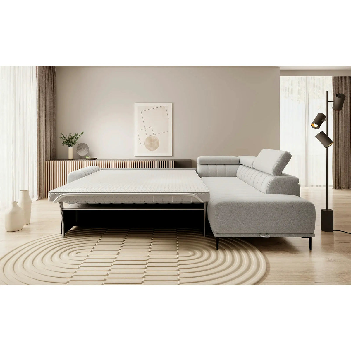 Coltar extensibil GANDI 160, personalizabil, cu lada depozitare si tetiere reglabile, 301x204x99 cm
