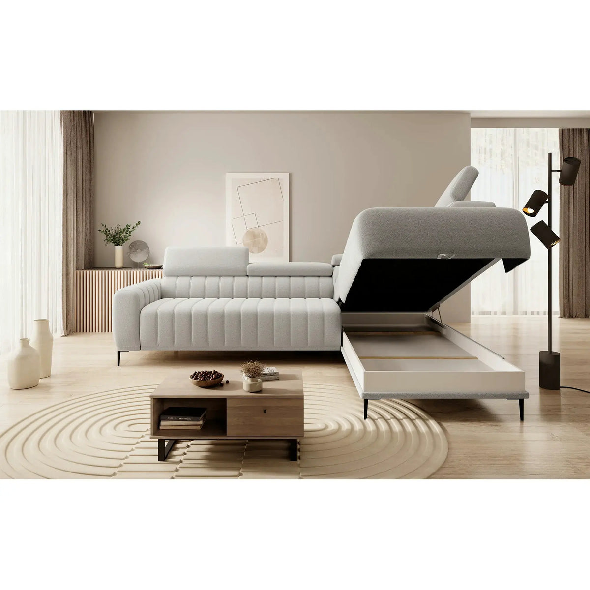Coltar extensibil GANDI 160, personalizabil, cu lada depozitare si tetiere reglabile, 301x204x99 cm