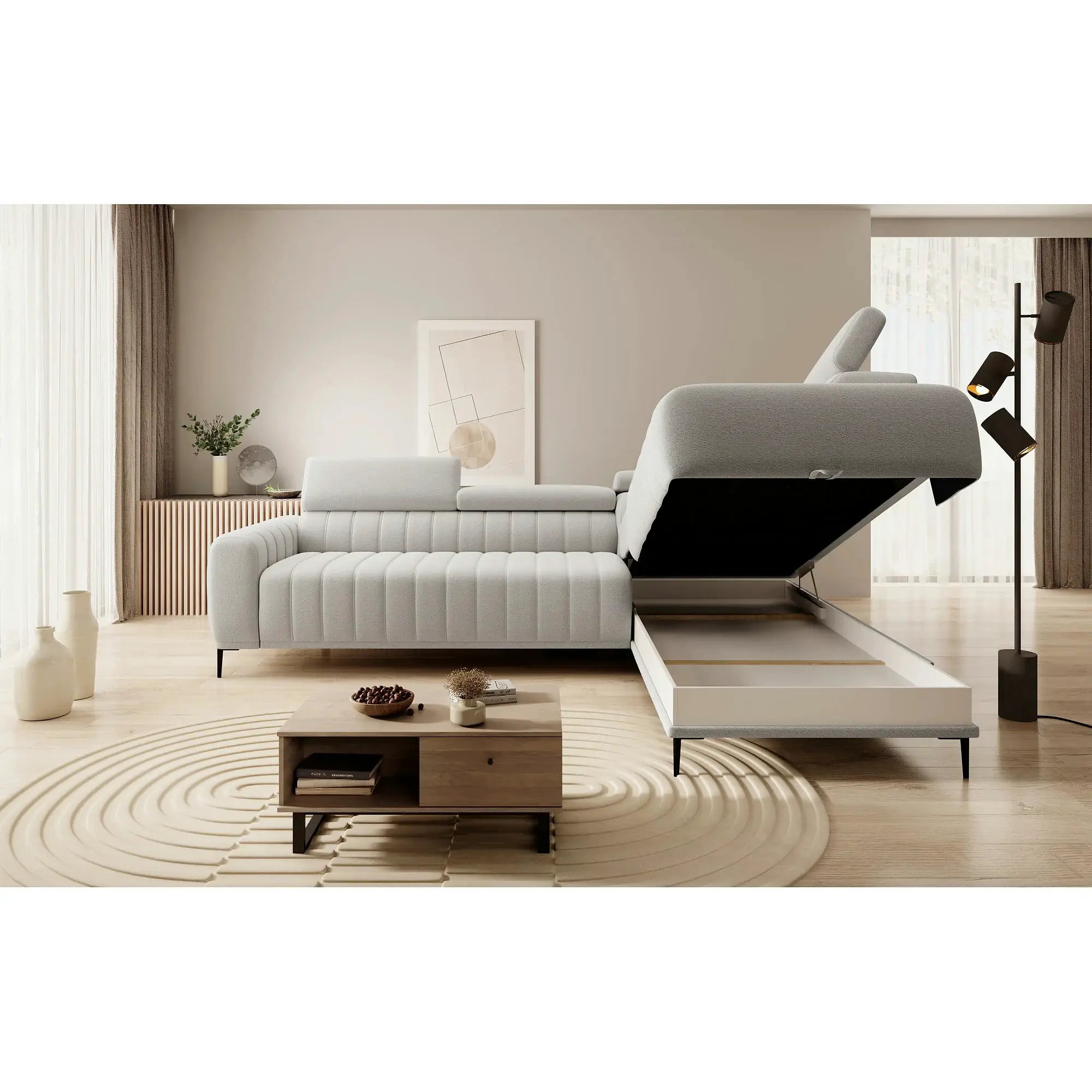 Coltar extensibil GANDI 160, personalizabil, cu lada depozitare si tetiere reglabile, 301x204x99 cm
