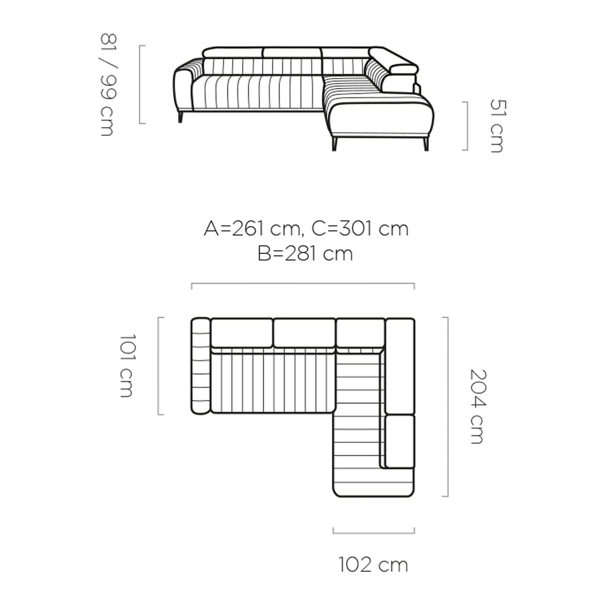 Coltar extensibil GANDI 160, personalizabil material gama Oferta Avantaj, cu lada depozitare si tetiere reglabile, 301x204x99 cm
