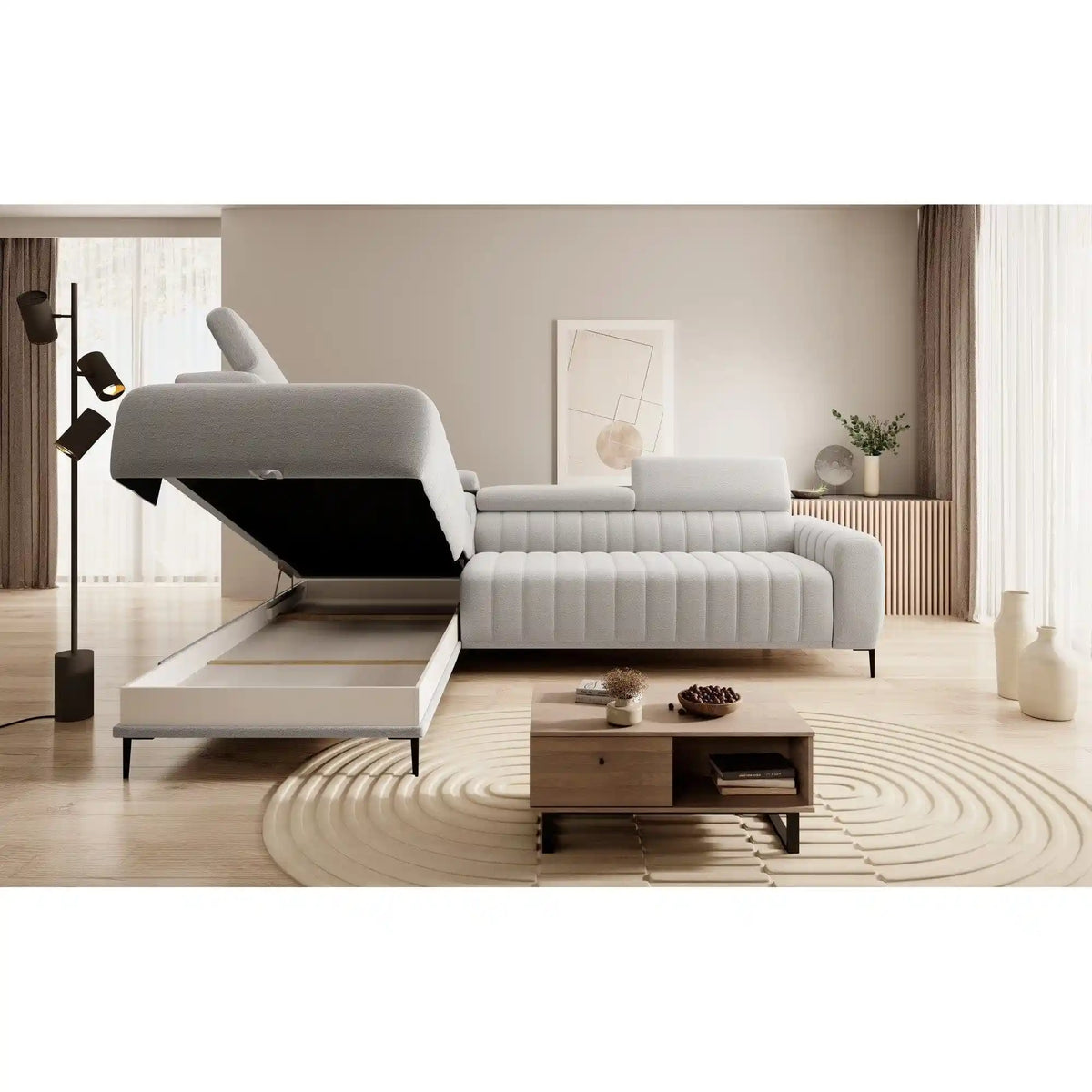 Coltar extensibil GANDI 160, personalizabil material gama Oferta Avantaj, cu lada depozitare si tetiere reglabile, 301x204x99 cm