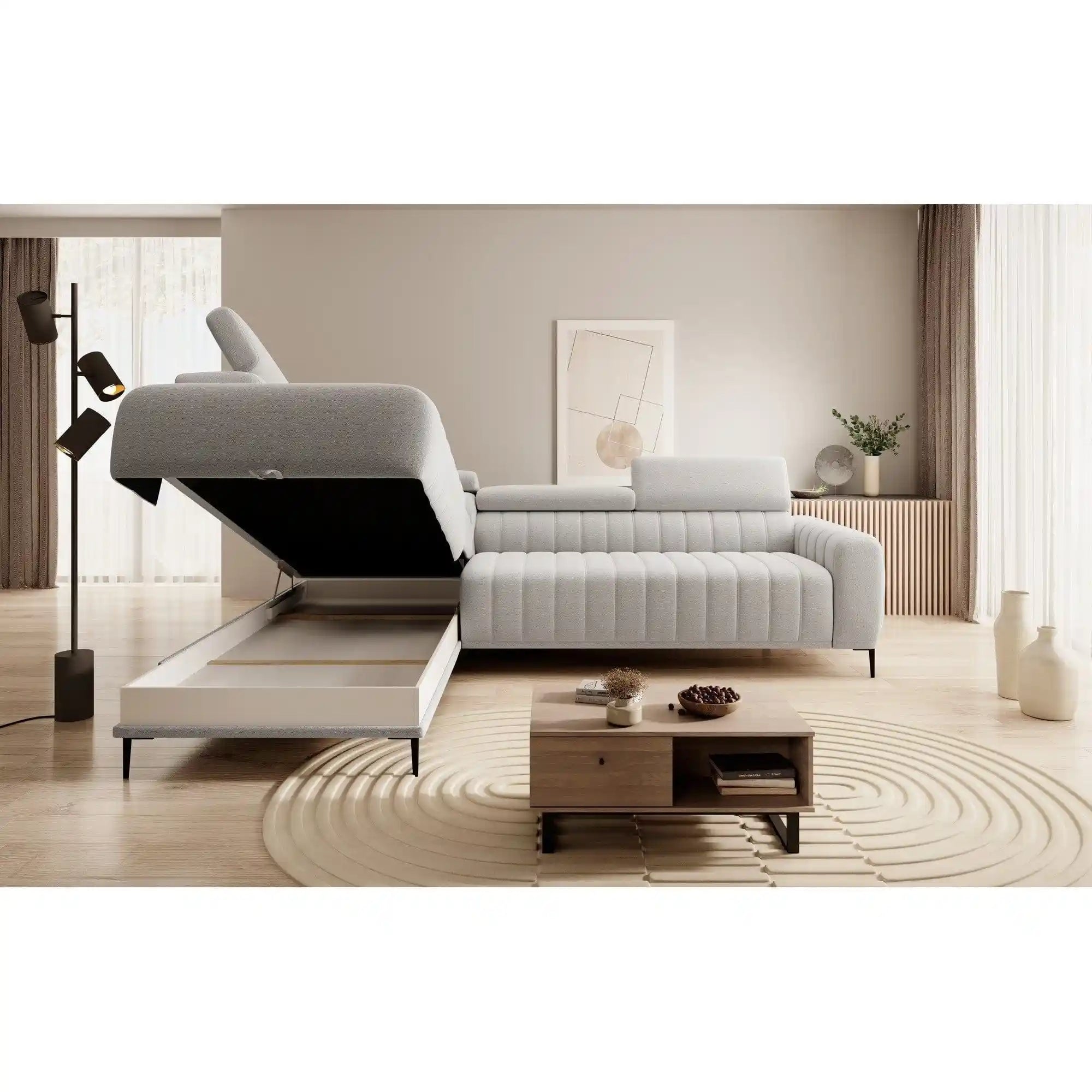 Coltar extensibil GANDI 160, personalizabil material gama Oferta Avantaj, cu lada depozitare si tetiere reglabile, 301x204x99 cm