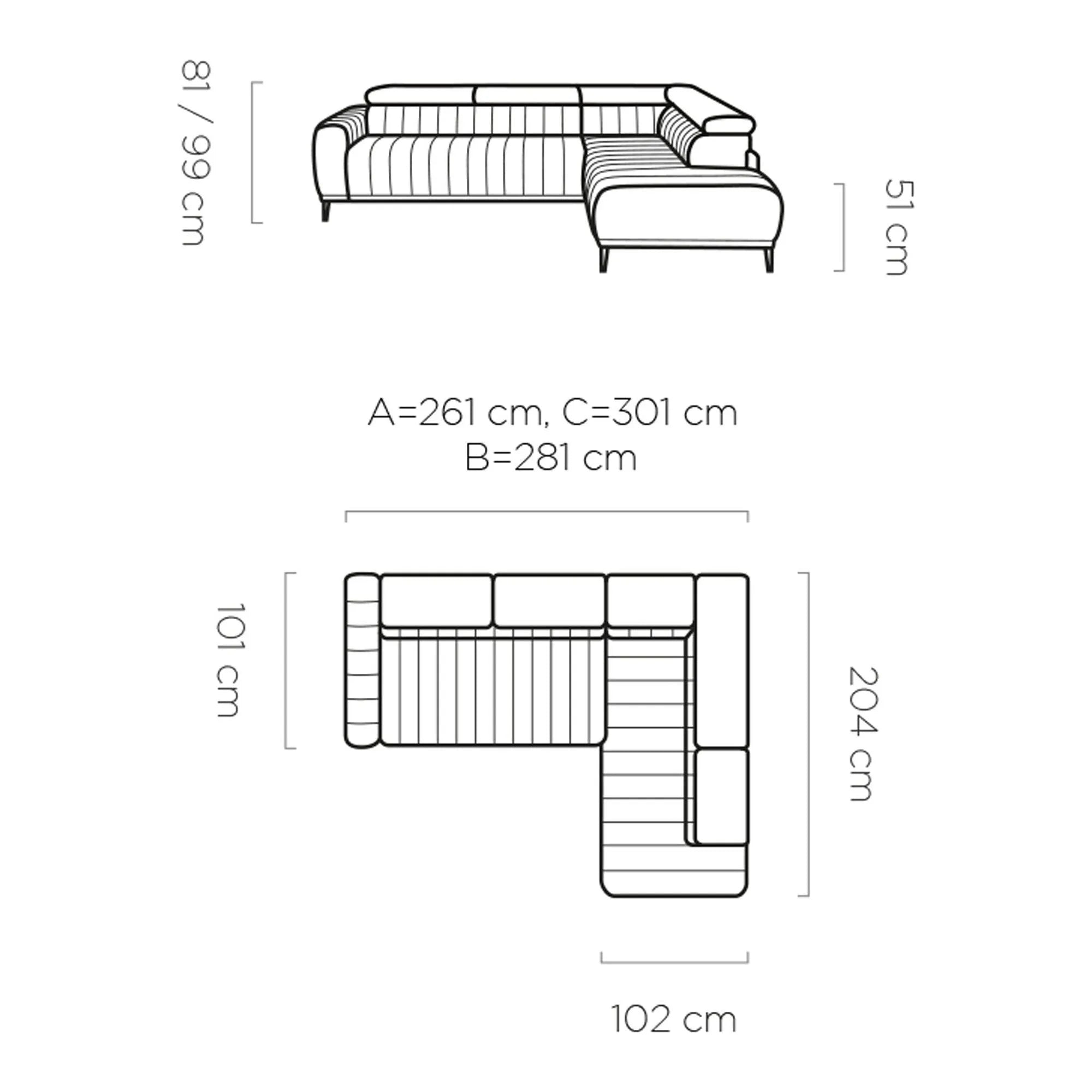 Coltar extensibil GANDI 160, personalizabil material gama Premium, cu lada depozitare si tetiere reglabile, 301x204x99 cm