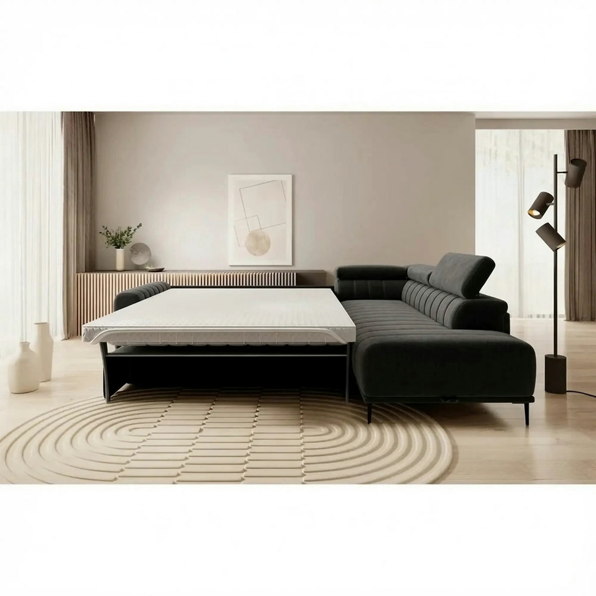 Coltar extensibil GANDI 160, sezlong dreapta, stofa catifelata gri grafit - Element 22, cu lada depozitare, 301x204x99 cm