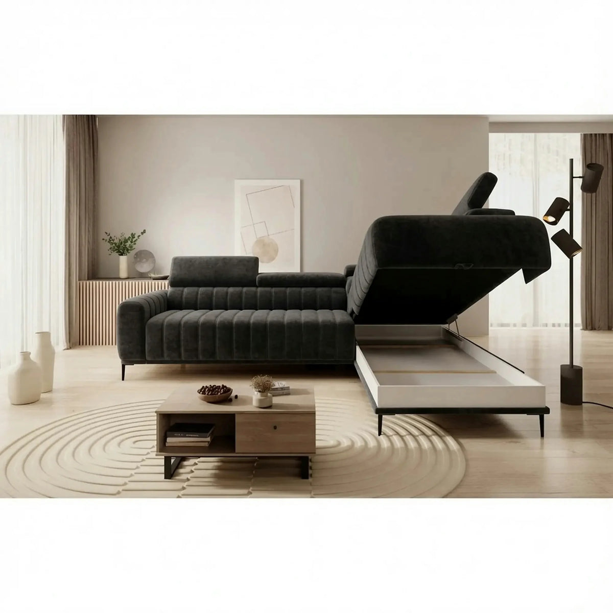 Coltar extensibil GANDI 160, sezlong dreapta, stofa catifelata gri grafit - Element 22, cu lada depozitare, 301x204x99 cm