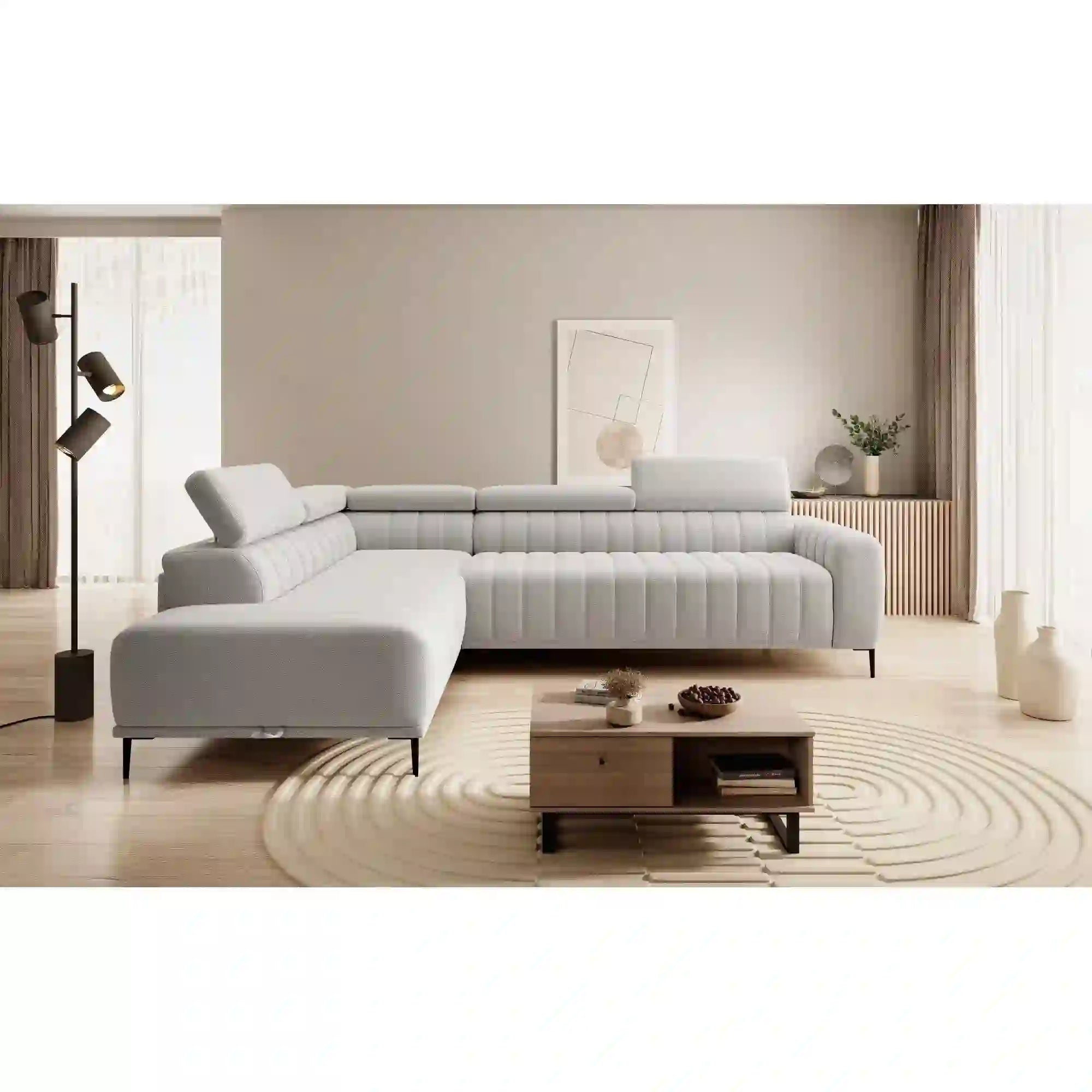 Coltar extensibil GANDI 160, sezlong dreapta, stofa catifelata verde - Element 20, Gama Premium, cu lada depozitare, 301x204x99 cm