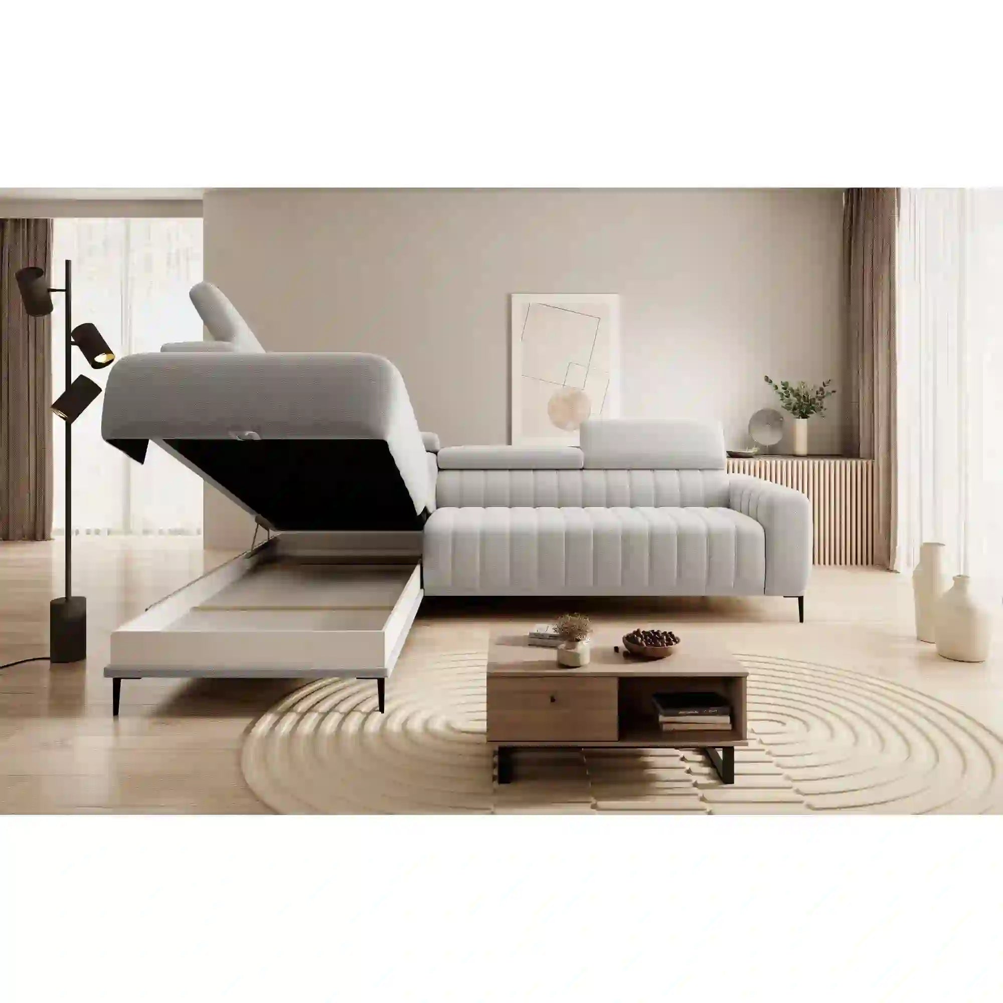 Coltar extensibil GANDI 160, sezlong dreapta, stofa catifelata verde - Element 20, Gama Premium, cu lada depozitare, 301x204x99 cm