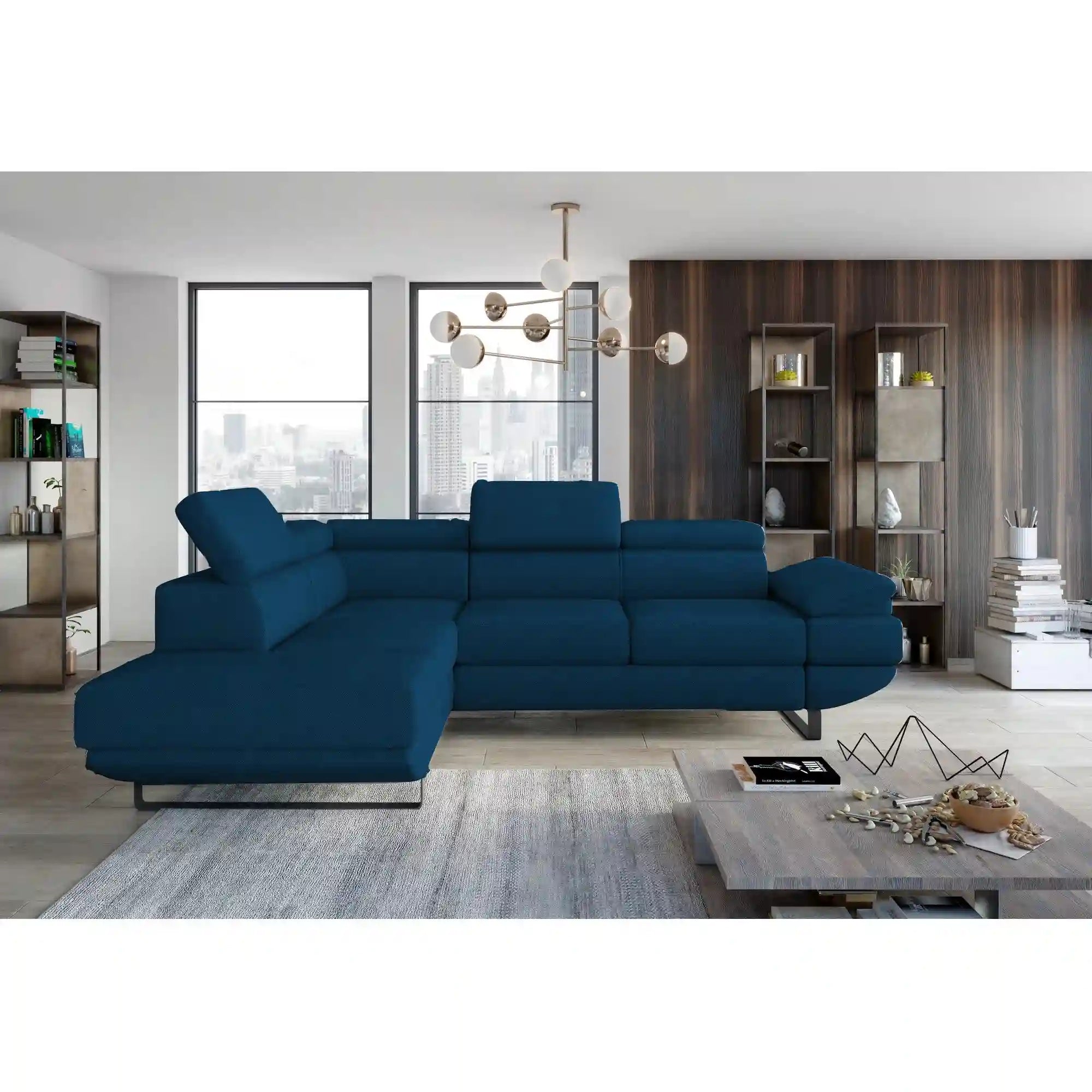 Coltar extensibil GIO, sezlong stanga, stofa clasica galben mustar - Austin 11, cu lada depozitare si tetiere reglabile, 262x200x88 cm