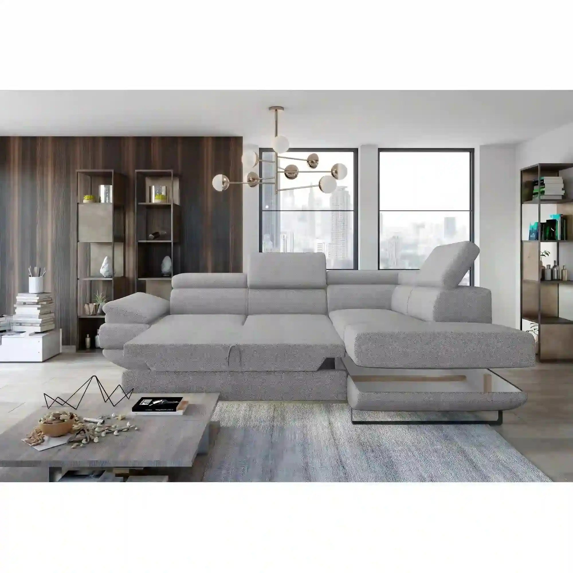 Coltar extensibil GIO, sezlong dreapta, stofa catifelata gri - Ontario 20, Gama Premium, cu lada depozitare si tetiere reglabile, 262x200x88 cm