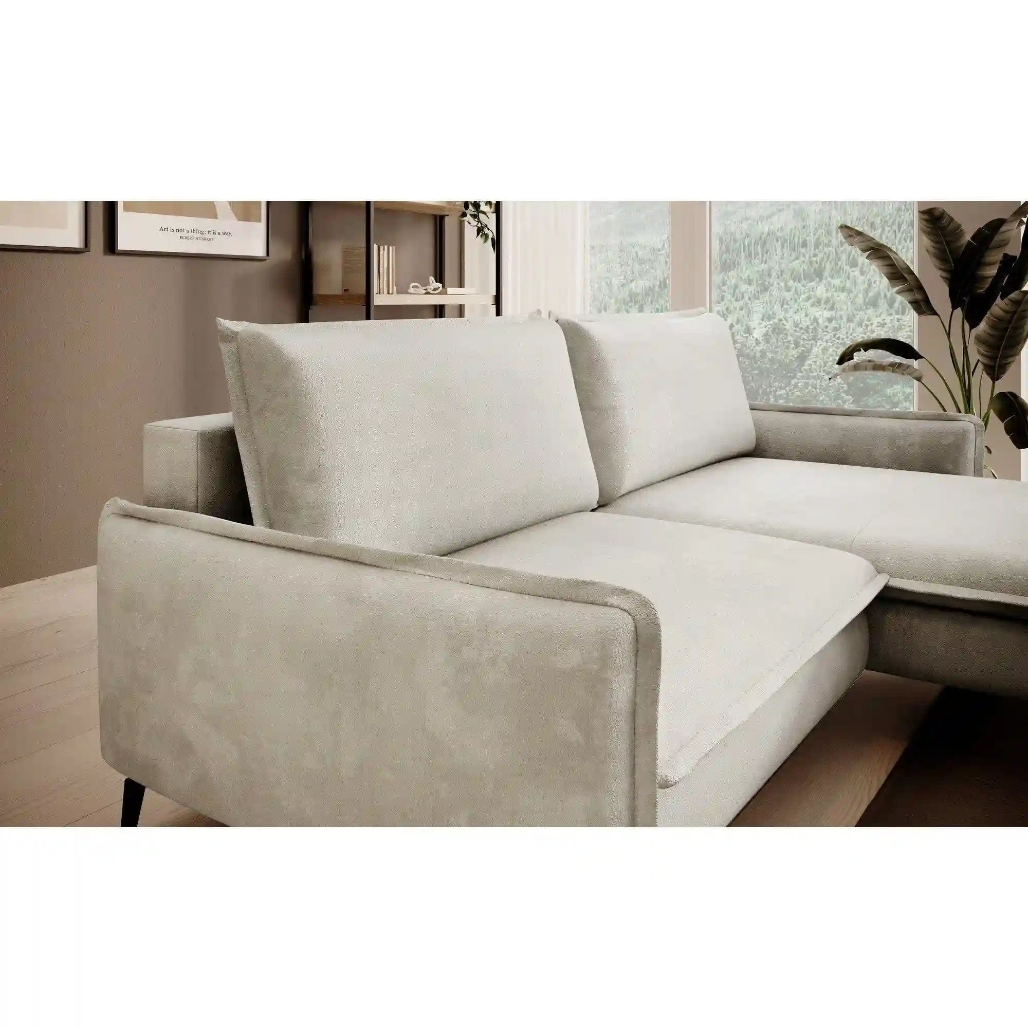 Coltar extensibil GLOSSY, sezlong stanga, stofa catifelata crem - Whisper 01, Gama Premium, cu lada depozitare, 226x162x88 cm