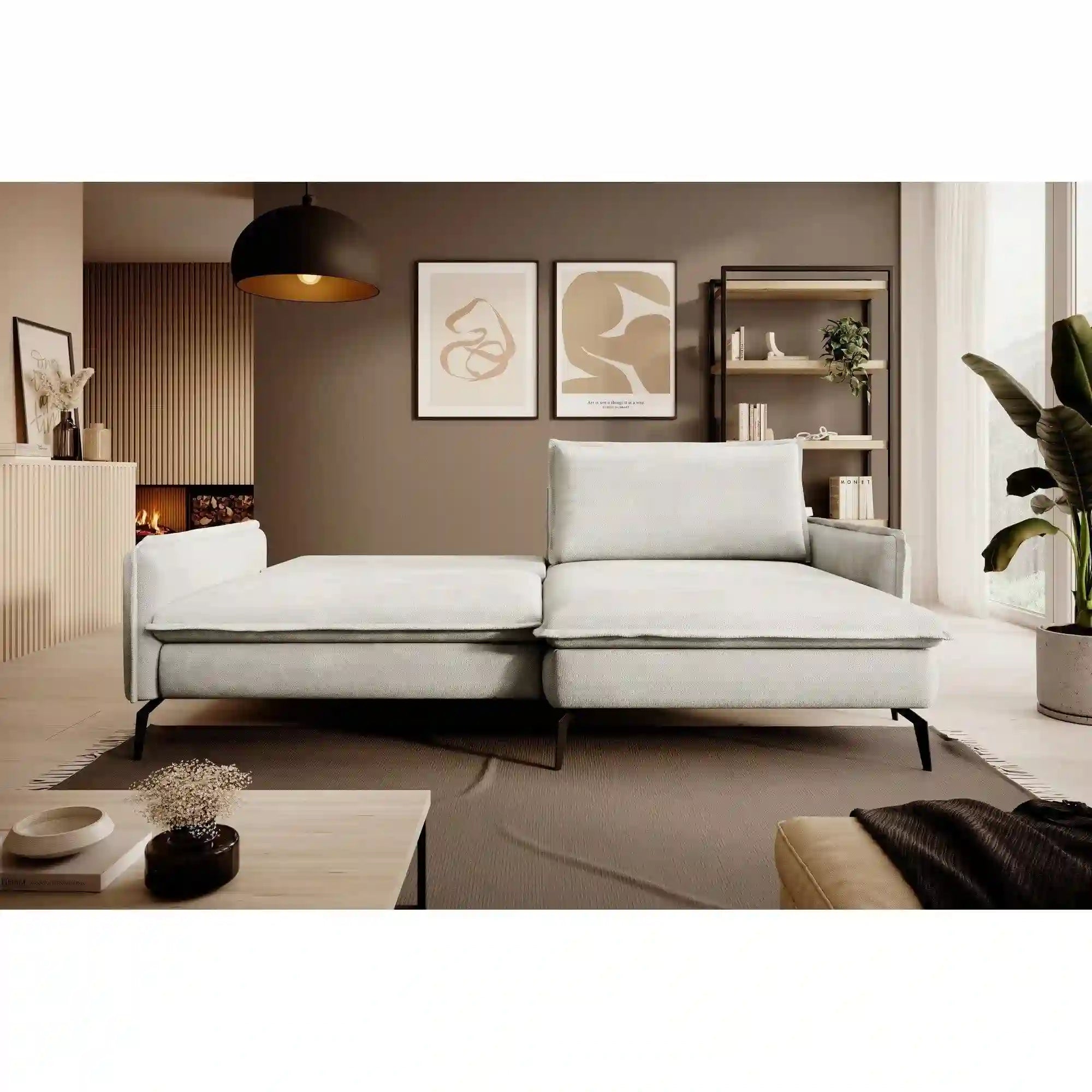 Coltar extensibil GLOSSY, sezlong dreapta, stofa catifelata bej - Riviera 16, cu lada depozitare, 226x162x88 cm