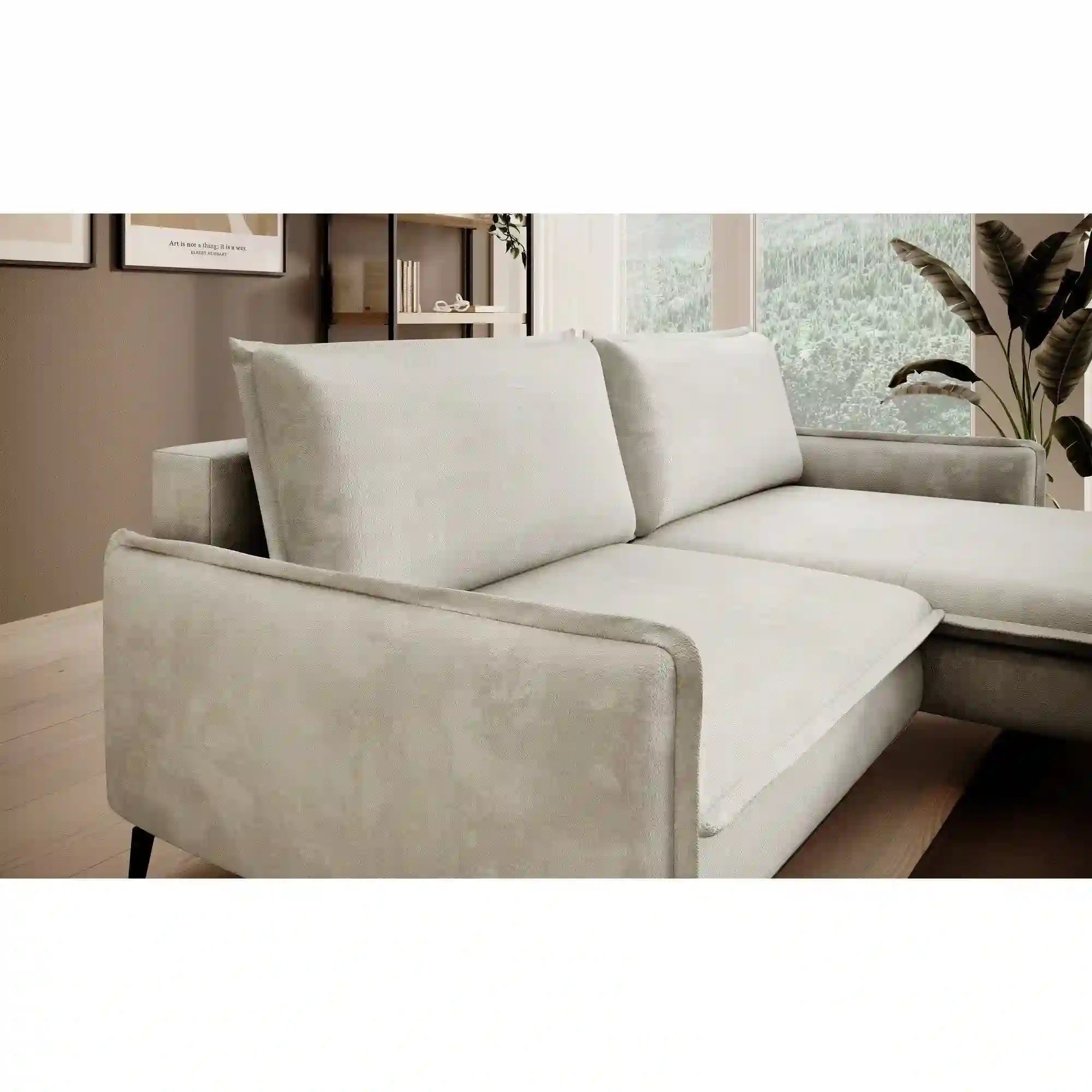 Coltar extensibil GLOSSY, sezlong dreapta, stofa catifelata bej - Riviera 16, cu lada depozitare, 226x162x88 cm