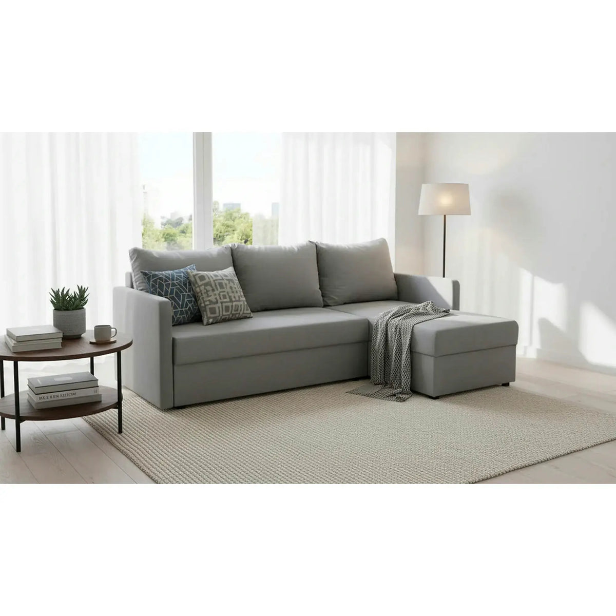 Coltar extensibil IMROS, universal, stofa catifelata gri - Pretty 17, cu lada depozitare, 218x143x93 cm