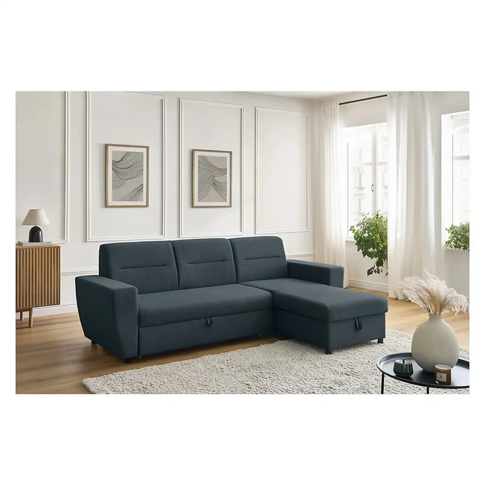 Coltar extensibil KIERTEN, universal, stofa clasica gri inchis- Opium 98, cu lada depozitare, 248x162x84 cm