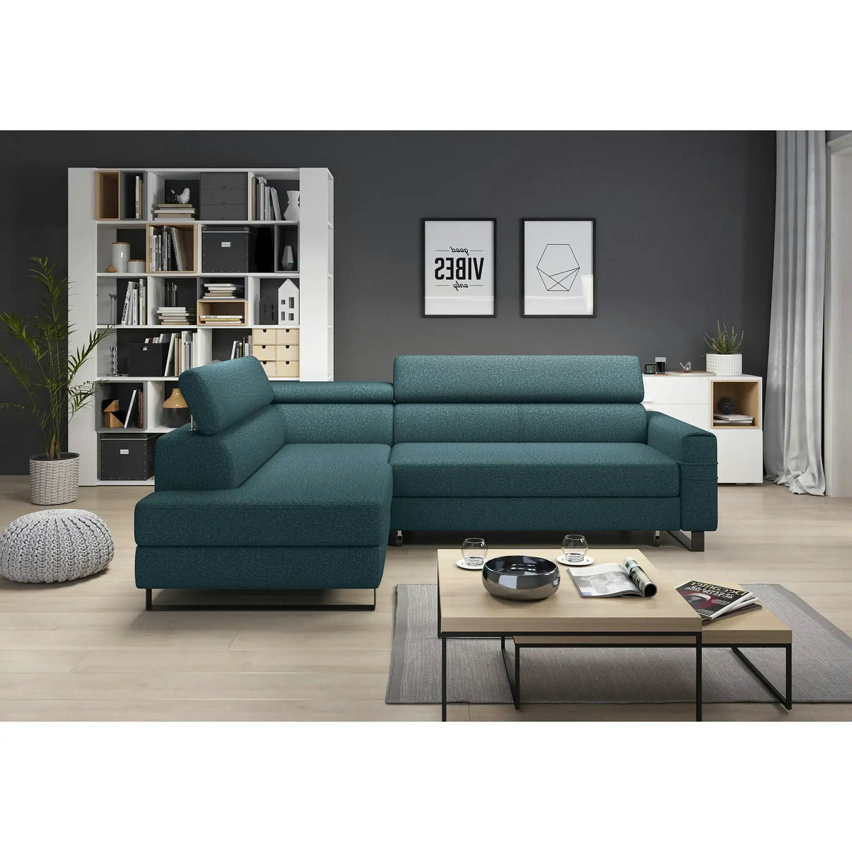 Coltar extensibil LIVIO, personalizabil, cu lada depozitare si tetiere reglabile, 249x184x90 cm