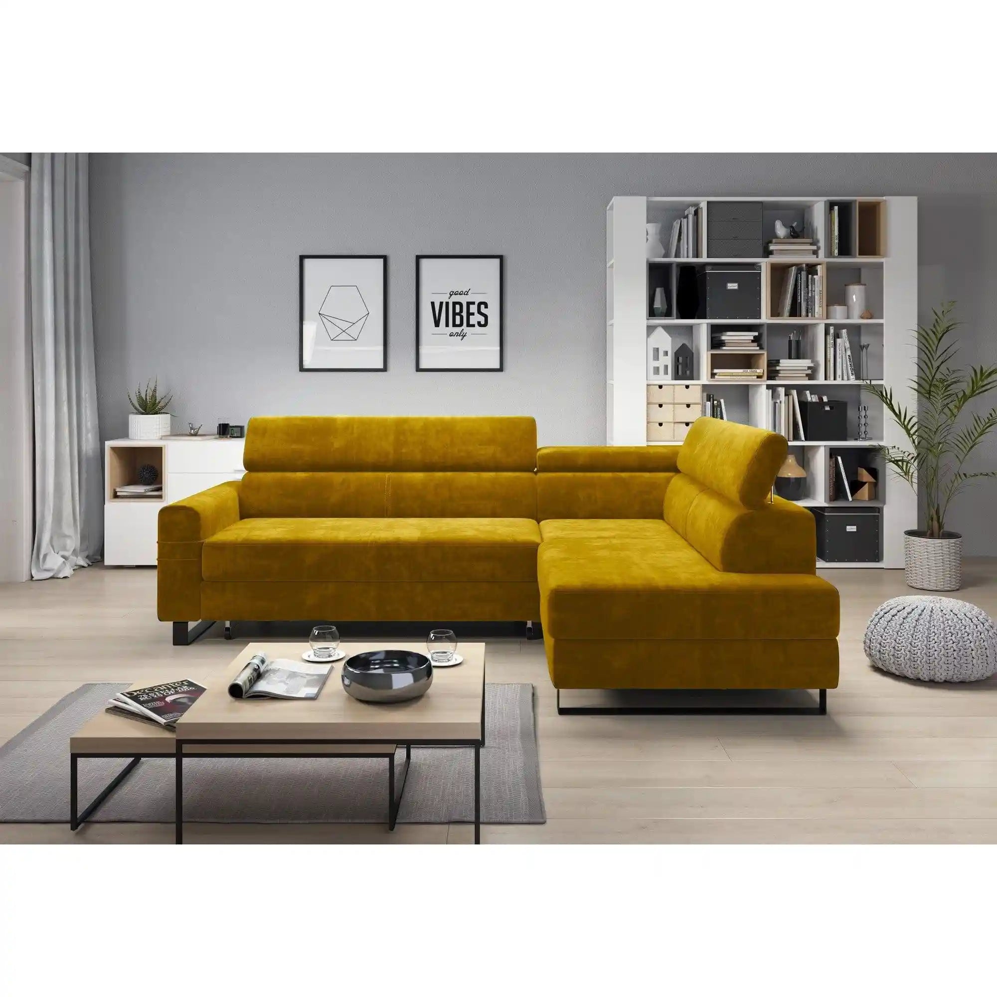 Coltar extensibil LIVIO, personalizabil materiale gama Oferta Avantaj, cu lada depozitare si tetiere reglabile, 249x184x90 cm