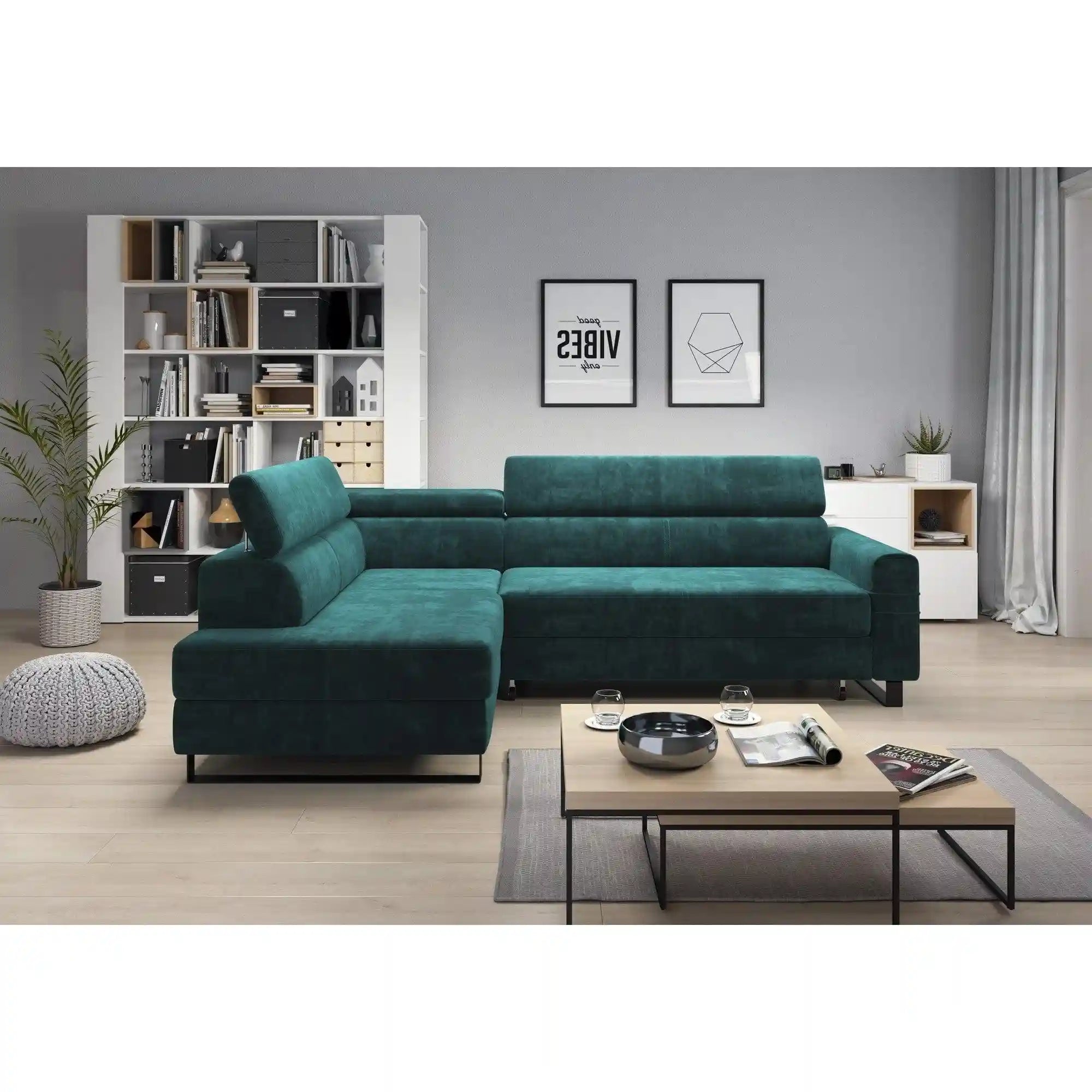 Coltar extensibil LIVIO, personalizabil materiale gama Premium, cu lada depozitare si tetiere reglabile, 249x184x90 cm