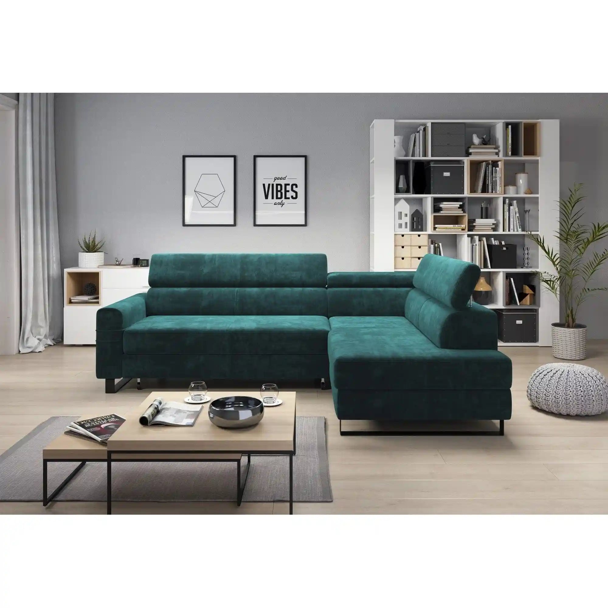 Coltar extensibil LIVIO, personalizabil materiale gama Premium, cu lada depozitare si tetiere reglabile, 249x184x90 cm