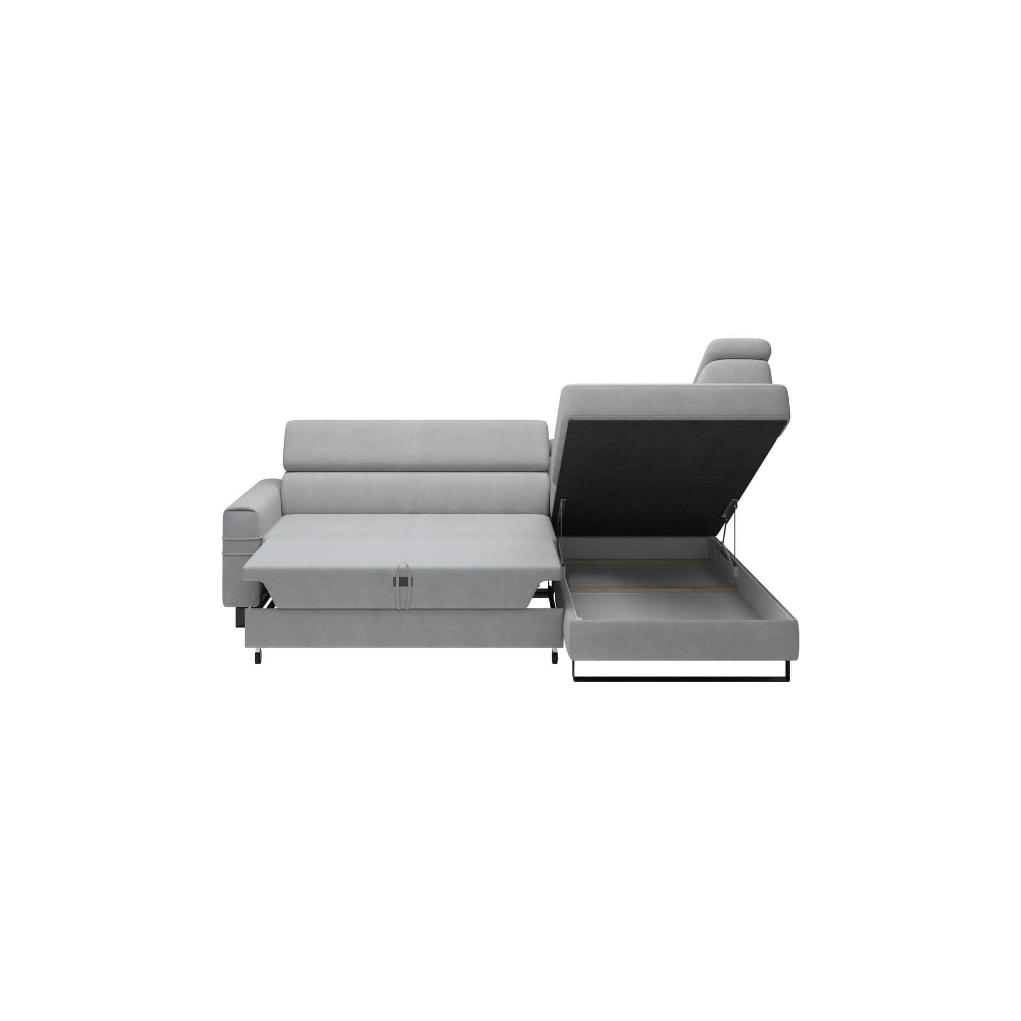 Coltar extensibil LIVIO, personalizabil materiale gama Premium, cu lada depozitare si tetiere reglabile, 249x184x90 cm